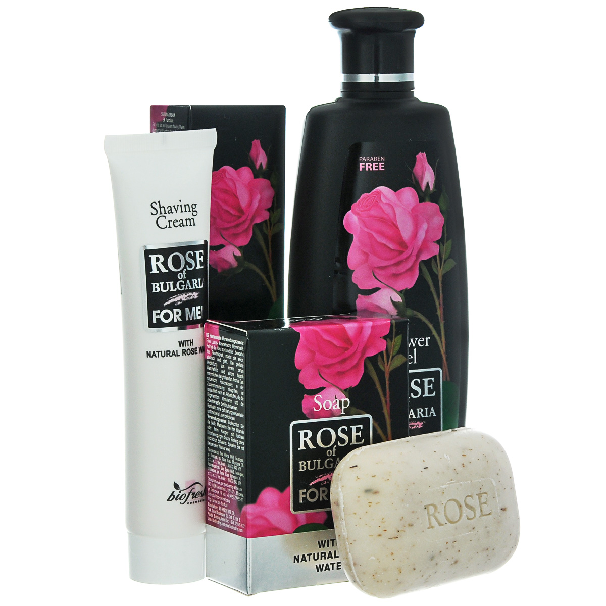 Rose of Bulgaria for men Подарочный набор мужской: гель для душа-шампунь 2 в 1, 230 мл, мыло для мужчин, 100 г, крем для бритья, 75 мл63627 Rose of Bulgaria for men Подарочный набор мужской: гель для душа-шампунь 2 в 1, 230 мл, мыло для мужчин, 100 г, крем для бритья, 75 мл63627Подарочный набор Rose of Bulgaria for men содержит:Гель для душа-шампунь для мужчин 2 в 1 Rose of Bulgaria for men,Мыло для мужчин Rose of Bulgaria for men,Крем для бритья Rose of Bulgaria for men.Объем: 230 мл / 100 г / 75 млГель для душа-шампунь для мужчин 2 в 1 Rose of Bulgaria for menШампунь-гель для душа с ароматом, внушающим энергию и жизненную силу, который снимает напряжение и помогает Вам снова почувствовать себя здоровым и сильным, освежая и заряжая энергией.Шампунь с оптимальным балансом натуральных экстрактов и современных технологий в области ухода за волосами. Содержит натуральную розовую воду, насыщенную активными веществами, которые стимулируют обновление клеток и усиливают защитные функции кожи. Благодаря входящему в состав шампуня биологически активному комплексу, он смягчает и увлажняет кожу и волосы, оставляя ощущение нежности и комфорта на весь день.Мыло для мужчин Rose of Bulgaria for menКосметическое мыло люкс для мужчин. Деликатно очищает в глубине кожу, сохраняет ее влагу, делает мягкой, эластической и гладкой. Отличное сочетание деликатного моющего эффекта и типичного мужского долгостойкого аромата. Натуральная розовая вода, которая включена в состав, невероятно богата активными веществами, которые стимулируют регенерацию и усиливают защитные функции кожи. Содержит нежные эксфолирующие пшеничные частицы и сухие цветки лаванды.Крем для бритья Rose of Bulgaria for menДля легкого, быстрого и приятного бритья. Производит обильную, медленносохнущую пену. Обладает приятным охлаждающим эффектом.