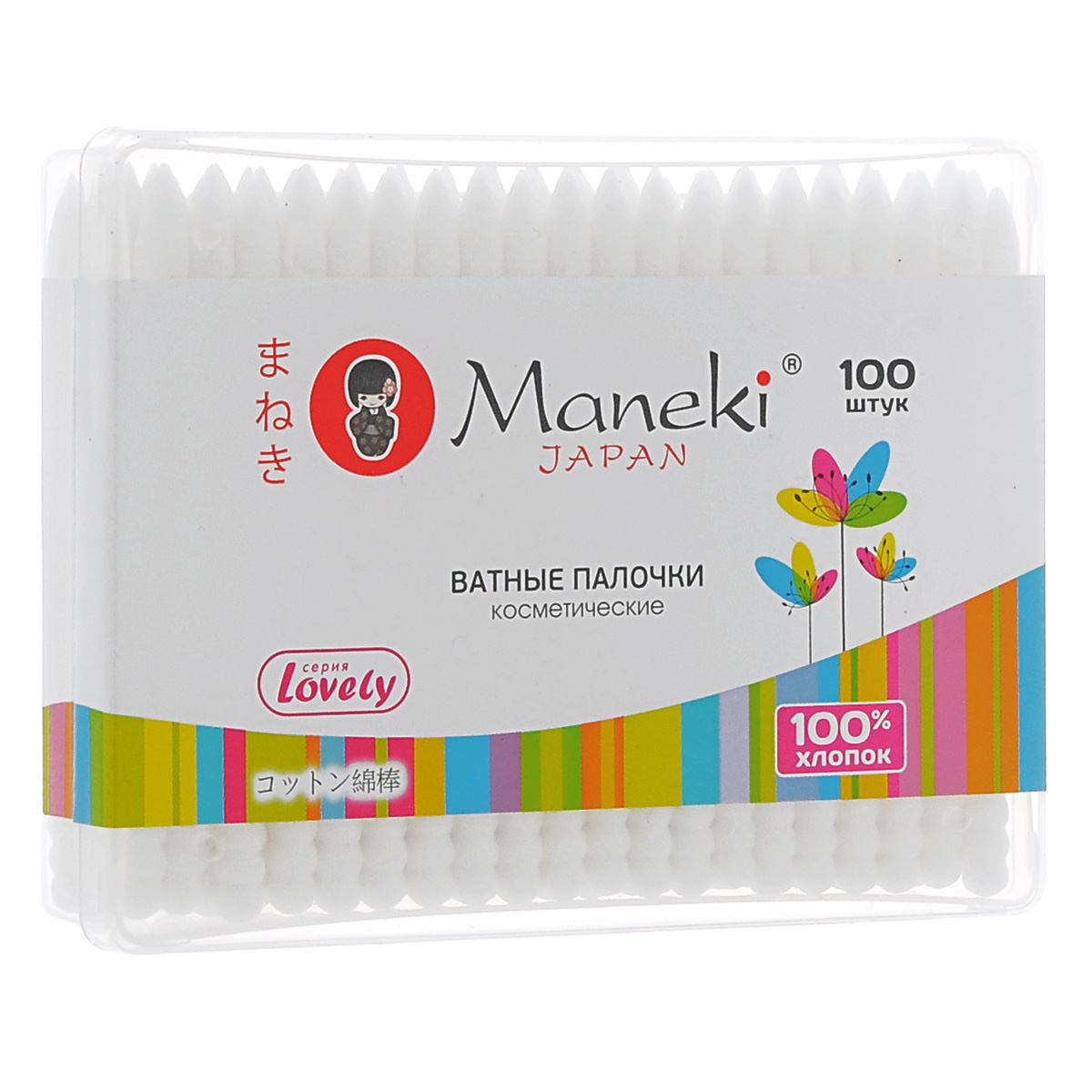 Maneki Палочки ватные косметические Lovely, с белым пластиковым стиком,100 шт.CB1125 Maneki Палочки ватные косметические Lovely, с белым пластиковым стиком,100 шт.CB1125Палочки ватные гигиенические в пластиковой коробочке с надежной фиксацией аппликатора. Идеально подходят для гигиенических и косметических целей. У палочек два аппликатора: спиралевидный и заостренный. Оригинальный дизайн упаковки, в упаковке 100 палочек из 100% хлопка. Упаковка сzip-замком.