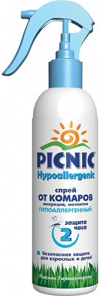 Picnic Baby Спрей от комаров гипоаллергенный, 180 мл03.19.10.3002 Picnic Baby Спрей от комаров гипоаллергенный, 180 мл03.19.10.3002Спрей от комаров Picnic Baby предназначен для деликатной защиты нежной кожи детей от нападения кровососущих насекомых (комаров, москитов, мокрецов). Специальная формула спрея на основе безопасных репеллентов содержит экстракт ромашки, оказывающий противовоспалительное действие. При нанесении на открытые участки кожи не вызывает раздражения. Легко распределяется, а также обеспечивает быстрое впитывание. Безопасная защита для детей и взрослых. Время защитного действия при нанесении на кожу до 2 часов, а на одежду до 5 суток. Проверено дерматологами.Для средства для беспропеллентной аэрозольной упаковке: нажимая пальцем на распылительную головку нанести средство на ладонь, распределить не втирая на открытые участки лица, шеи, рук и ног. Время защитного действия на коже до 2-х часов, при нанесении на одежду до 5 суток.