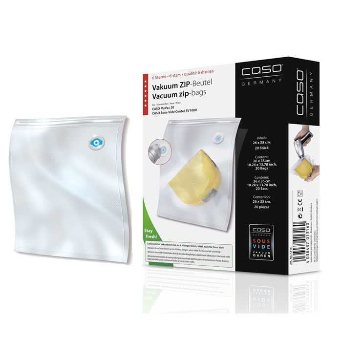 CASO ZIP 26х35 пакеты для вакуумного упаковщика, 20 шт.VC ZIP 26*35 CASO ZIP 26х35 пакеты для вакуумного упаковщика, 20 шт.VC ZIP 26*35Специальные прочные пакеты CASO ZIP для вакуумного упаковщика с ZIP-замком. Ребристая внутренняя поверхность для оптимального вакуумирования. Высокая прочность пакета допускает замораживание, использование в СВЧ печи, готовку по технологии Sous-Vide.