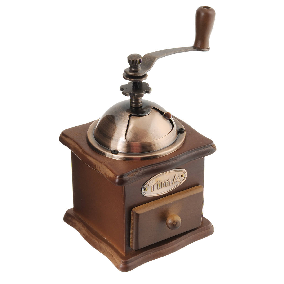 Кофемолка ручная TimA. SL-008SL-008 Кофемолка ручная TimA. SL-008SL-008Ручная кофемолка TimA, выполненная из дерева и металла, сочетает в себе эстетичность и функциональность. Она оснащена выдвижным деревянным ящичком для молотого кофе, металлической воронкой и удобной элегантной ручкой для помола. Изделие снабжено внутренним керамическим механизмом. Вы сможете регулировать степень помола от мелкого до крупного. Инструкция по регулировке степени помола имеется на упаковке изделия. Такая кофемолка станет незаменимым помощником на вашей кухне.Высота кофемолки: 16 см.Размер основания кофемолки: 10 см х 10 см.