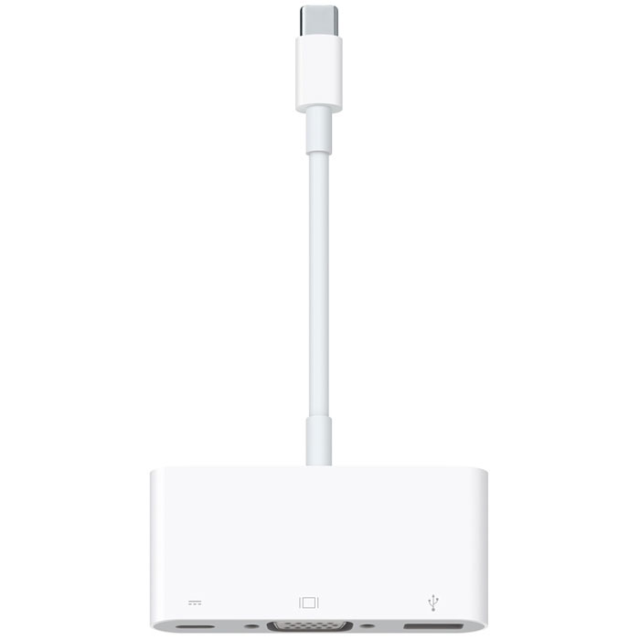 Apple USB-C/VGA Multiport адаптер (MJ1L2ZM/A)MJ1L2ZM/A Apple USB-C/VGA Multiport адаптер (MJ1L2ZM/A)MJ1L2ZM/AМногопортовый VGA-адаптер Apple USB-C/VGA Multiport (MJ1L2ZM/A) позволяет одновременно подключать к MacBook c портом USB-C устройство со стандартным USB-разъёмом, VGA-монитор и кабель для зарядки.Данная модель позволяет дублировать изображение с экрана MacBook на телевизор с поддержкой VGA или отображать его с разрешением до 1080p в HD-качестве. Кроме того, он поддерживает передачу видеоматериалов, таких как фильмы и видеоролики. Просто подключите адаптер одним разъёмом к порту USB-C вашего MacBook, а другим — к телевизору или видеопроектору через кабель VGA (продаётся отдельно). Используйте стандартный порт USB, чтобы подключать флэш-накопитель, камеру или кабель USB для синхронизации и зарядки вашего iPhone, iPad или iPod. Кроме того, вы можете подключать к порту USB-C кабель для зарядки, чтобы зарядить ваш MacBook.