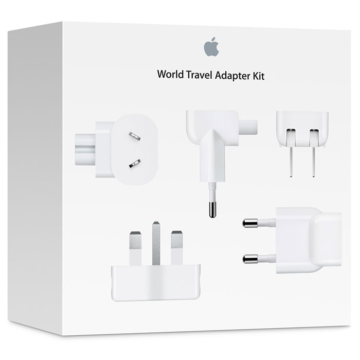 Apple World Travel Adapter Kit комплект адаптеров (MD837ZM/A)MD837ZM/A Apple World Travel Adapter Kit комплект адаптеров (MD837ZM/A)MD837ZM/AКомплект адаптеров Apple World Travel Adapter Kit включает набор из семи штепсельных вилок для различных типов розеток переменного тока, используемых в разных странах мира. Поддерживаемые регионы указаны в виде лазерной гравировки. Этот идеальный комплект обеспечивает совместимость с различными источниками питания во время ваших путешествий по всему миру.Комплект создан для работы с iPod, iPhone, iPad, адаптерами питания Apple MagSafe (для MacBook, MacBook Pro и MacBook Air), адаптерами питания USB мощностью 10 Вт и 12 Вт, а также портативными адаптерами питания. Штепсельные вилки, входящие в комплект адаптеров Apple World Travel Adapter Kit, могут напрямую использоваться в Северной Америке, Японии, Китае, Великобритании, странах Европы, Корее, Австралии, Гонконге и Бразилии.