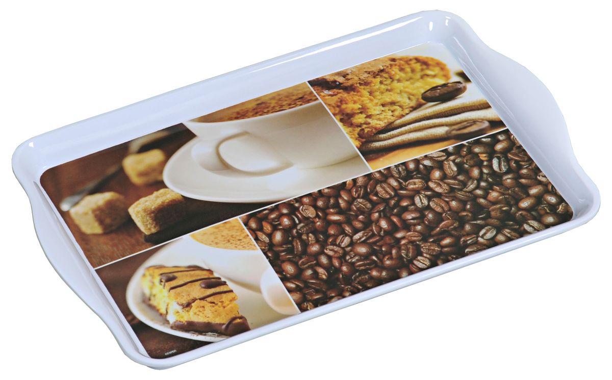 Поднос Kesper Coffee Time, 39 х 24 см7732-1 Поднос Kesper Coffee Time, 39 х 24 см7732-1Оригинальный поднос Kesper Coffee Time, изготовленный из пластика и украшенный изображением кофейных зерен и печенья, станет незаменимым предметом для сервировки стола. Поднос не только дополнит интерьер вашей кухни, но и предохранит поверхность стола от грязи и перегрева. Яркий и стильный поднос Kesper Coffee Time придется по вкусу и ценителям классики, и тем, кто предпочитает современный стиль.