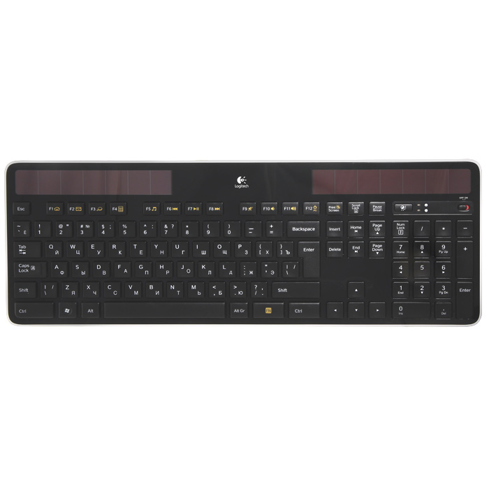 Logitech K750 Wireless Solar Keyboard (920-002938)920-002938 Logitech K750 Wireless Solar Keyboard (920-002938)920-002938Беспроводная клавиатура Logitech K750 Wireless Solar Keyboard с питанием от солнечных батарей. Питание от солнечного света:Нет ничего проще - клавиатура заряжается сама везде, где есть свет, и сохраняет накопленный заряд не менее трех месяцев в полной темноте. О проблемах с батареями теперь можно забыть. Исключительно тонкая:Эта стильная и изящная клавиатура с плавными обводами и тонким корпусом украсит любое рабочее место - как с ноутбуком, так и с настольным ПК.Комфорт для рук:Побалуйте свои руки удобной клавиатурой, с которой каждое нажатие клавиши будет комфортным, легким и бесшумным.Усовершенствованная беспроводная технология, работающая на частоте 2,4 ГГц:Вы можете работать или играть, находясь где угодно, например на диване, поскольку при беспроводном подключении, обеспечивающем связь на большом расстоянии, практически отсутствуют задержки, сбои и помехи.Logitech Solar App:Хотите знать, сколько заряда у вас осталось, или сколько энергии дает ваша настольная лампа? Logitech Solar App может дать ответы на эти вопросы.Приемник Logitech Unifying:Миниатюрный приемник может быть постоянно подключен к ноутбуку. Кроме того, вы можете легко подключить совместимую беспроводную мышь или клавиатуру, не создавая путаницы из нескольких USB-приемников.Простота технологии Plug-and-Play:Настройка занимает несколько секунд - достаточно просто вставить беспроводной приемник в USB-порт компьютера, чтобы приступить к работе с клавиатурой без какого-либо программного обеспечения. Маленькие шаги, большое будущее:И корпус без поливинилхлорида, и коробка, полностью поддающаяся переработке, отличаются компактными размерами.