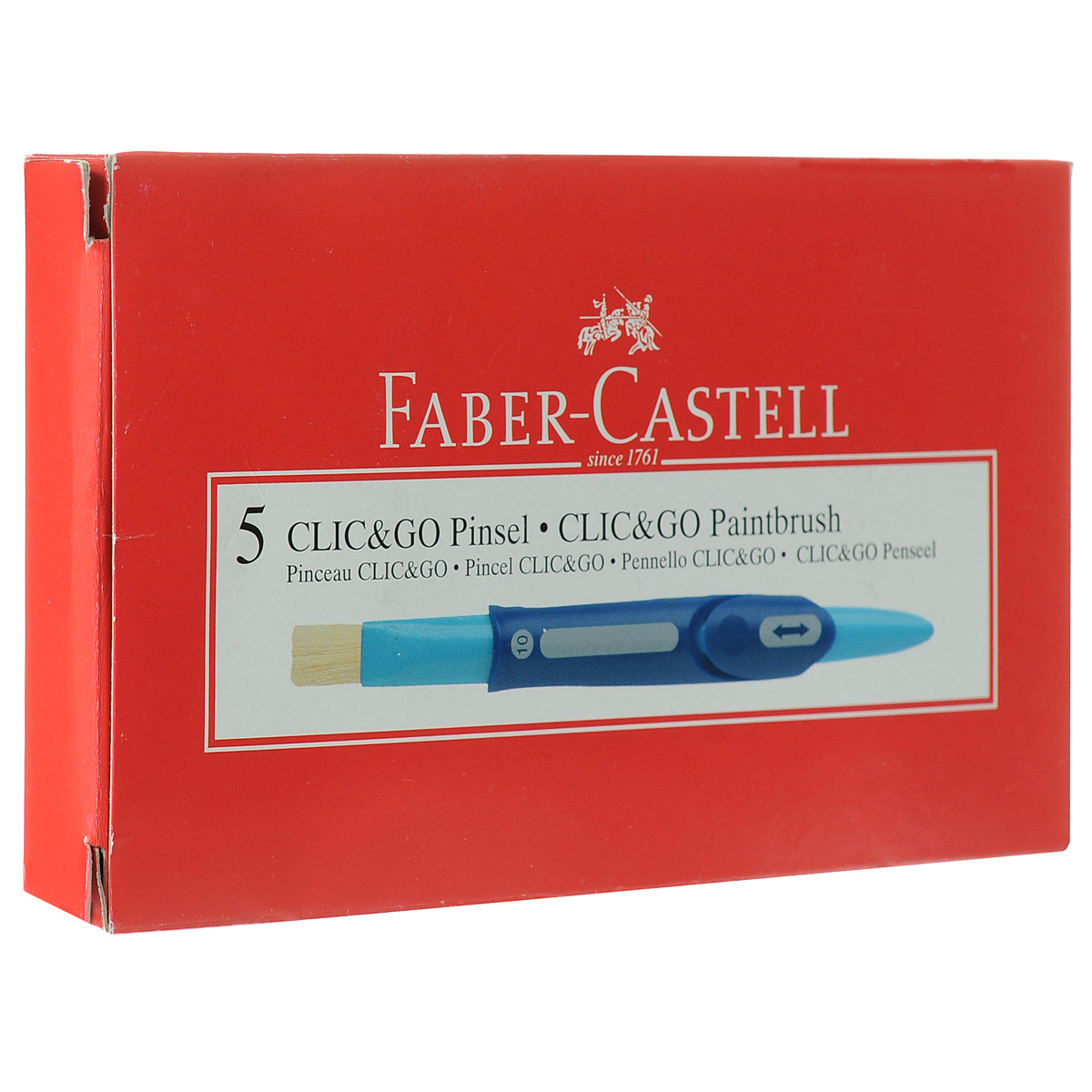 Набор плоских кистей Faber-Castell Click&Go, 1 см, 5 шт181514 Набор плоских кистей Faber-Castell Click&Go, 1 см, 5 шт181514Кисти из набора Faber-Castell Click&Go идеально подойдут для художественных и декоративно-оформительских работ. Они предназначены для работы с акварелью, гуашью, акриловыми красками и лаками.Корпус кисти выполнен из пластика голубого и синего цветов, ворс - из белого полиэстера. В корпус встроен защитный футляр, защищающий кисть от преждевременного изнашивания.В набор входят пять плоских кистей.