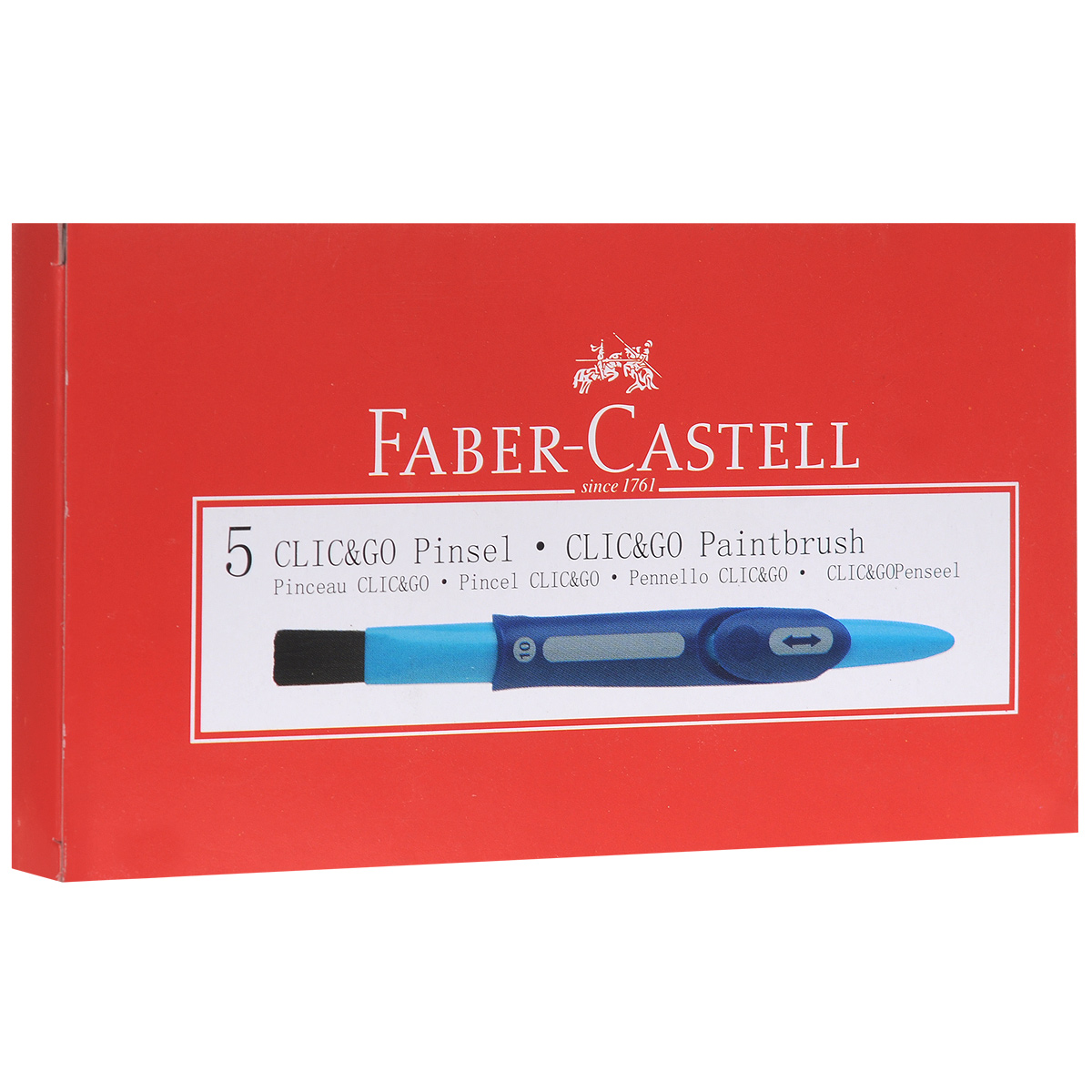 Набор плоских кистей Faber-Castell Click&Go, 1 см, 5 шт. 181513181513 Набор плоских кистей Faber-Castell Click&Go, 1 см, 5 шт. 181513181513Кисти из набора Faber-Castell Click&Go идеально подойдут для художественных и декоративно-оформительских работ. Они предназначены для работы с акварелью, гуашью, акриловыми красками и лаками.Корпус кисти выполнен из пластика голубого и синего цветов, ворс - из черного полиэстера. В корпус встроен защитный футляр, защищающий кисть от преждевременного изнашивания.В набор входят пять плоских кистей.