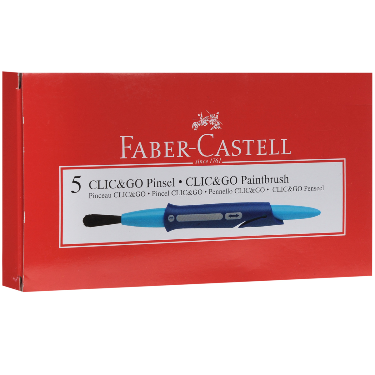 Набор круглых кистей Faber-Castell Click&Go, 0,8 см, 5 шт181512 Набор круглых кистей Faber-Castell Click&Go, 0,8 см, 5 шт181512Кисти из набора Faber-Castell Click&Go идеально подойдут для художественных и декоративно-оформительских работ. Корпус кисти выполнен из пластика голубого и синего цветов, ворс - из черного полиэстера. В корпус встроен защитный футляр, защищающий кисть от преждевременного изнашивания.В набор входят пять круглых кистей.