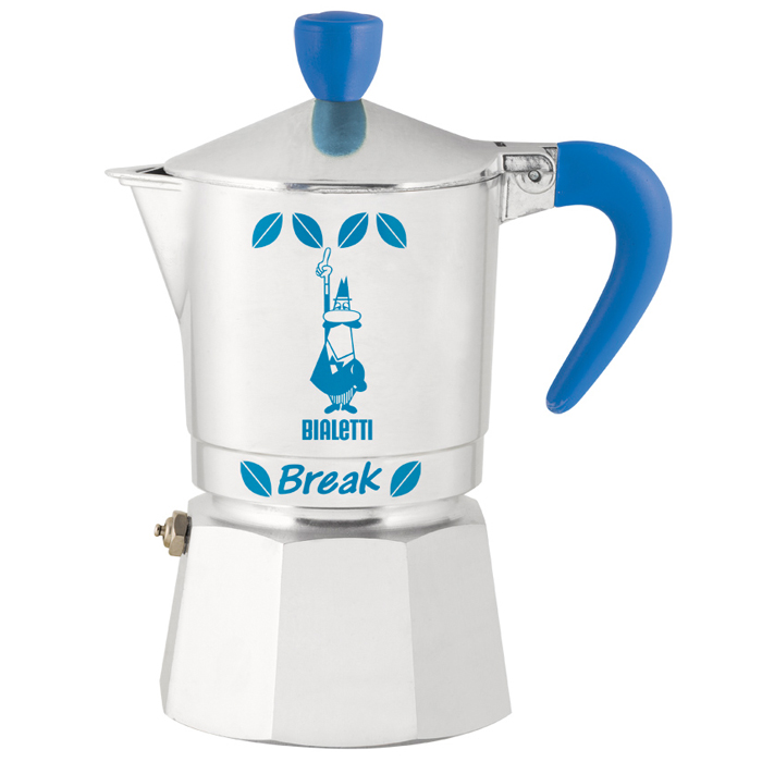 Гейзерная кофеварка Bialetti Break, цвет: голубой, на 3 чашки, 120 мл2732 Гейзерная кофеварка Bialetti Break, цвет: голубой, на 3 чашки, 120 мл2732Инновационный дизайн. Кофе на ваш вкус, благодаря возможности выбора количества кофе и смешиванию сортов кофе. Для приготовления кофе на электрических и газовых плитах, а также других нагревающих поверхностях. Кофеварка Break – кофеварка из полированного алюминия с восьмигранной нижней частью и круглой верхней.