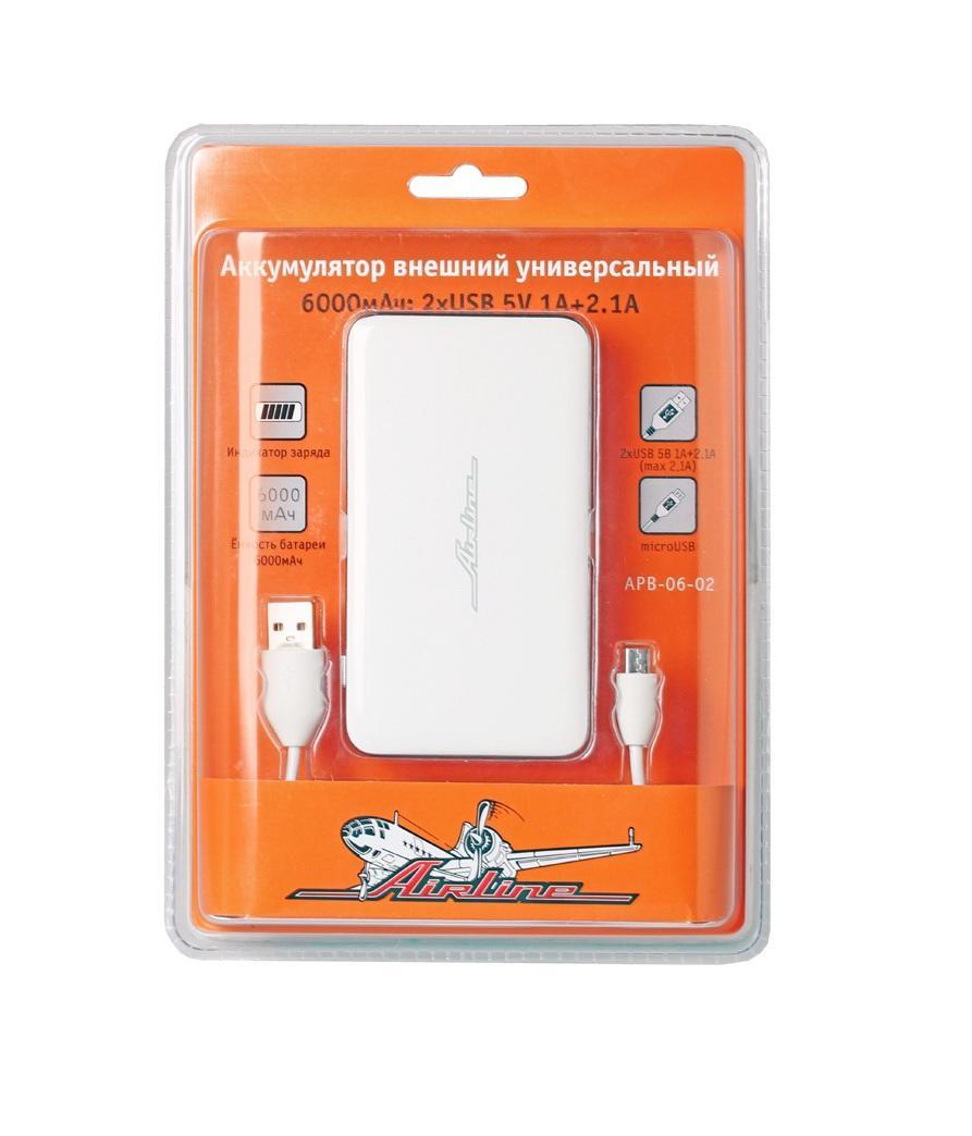 Аккумулятор внешний универсальный Airline, 6000мАч: 2хUSB 5V 1A+2.1A (APB-06-02)APB-06-02 Аккумулятор внешний универсальный Airline, 6000мАч: 2хUSB 5V 1A+2.1A (APB-06-02)APB-06-02Аккумулятор внешний универсальный имеет емкость 6000 мАч и предназначен для автономной подзарядки мобильных устройств от порта USB. Основные преимущества устройства - это универсальность, высокая емкость при малых размерах, качество материалов и оригинальный дизайн.