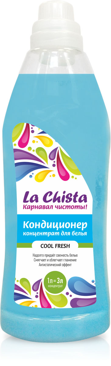 Кондиционер для белья La Chista Cool Fresh, концентрат, 1 л870286 Кондиционер для белья La Chista Cool Fresh, концентрат, 1 л870286Кондиционер La Chista Cool Fresh, предназначен для смягчения хлопчатобумажных, шерстяных, льняных и синтетических изделий. После стирки вещи приобретают особую мягкость, тонкий аромат свежести и легко поддаются глажке. Кондиционер безопасен при контакте с кожей человека. Сохраняет первоначальный вид и яркость вещей.Удаляет с ткани остатки стирального порошка. Обладает эффектом антистатика.Экономичный расход, 1 л = 3 л. Состав: вода, 5-15% катионного ПАВ, кальций хлористый, парфюмерная композиция, консервант, краситель.