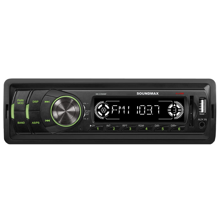 Soundmax SM-CCR3050F автомагнитолаSM-CCR3050F Soundmax SM-CCR3050F автомагнитолаSM-CCR3050FОсновные кнопки управления Soundmax SM-CCR3050F удобно расположены со стороны водителя. На противоположном конце панели разместились слот для карт памяти, USB-разъем и AUX-вход. Ресивер воспроизводит MP3 и WMA-файлы с флешек и SD/MMC карт, возможно подключение MP3-плеера или мобильного телефона через AUX. Среди возможностей цифрового радиотюнера – сохранение в памяти устройства до 18 FM-станций. Оценить нюансы звучания поможет DSP-процессор с 4-мя предустановленными режимами.