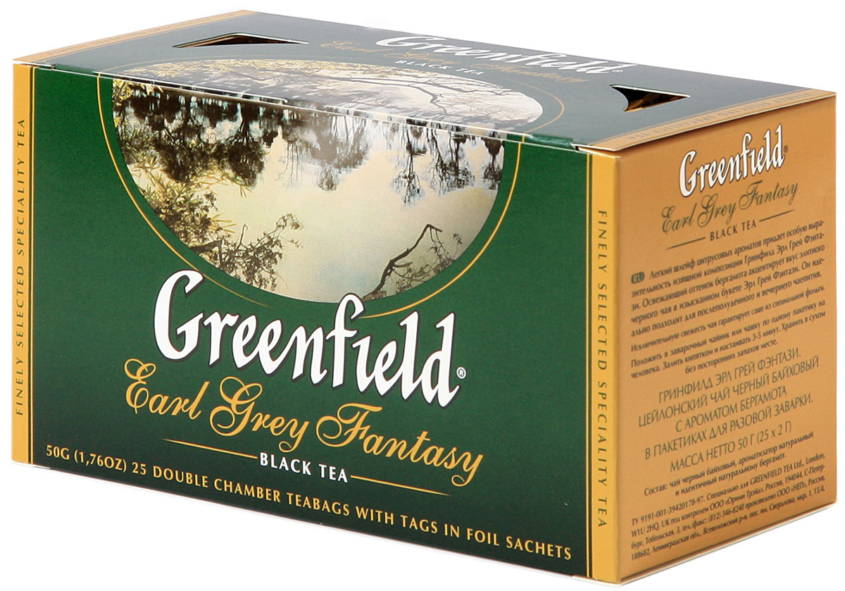 Greenfield Earl Grey Fantasy черный ароматизированный чай в пакетиках, 25 шт0427-15 Greenfield Earl Grey Fantasy черный ароматизированный чай в пакетиках, 25 шт0427-15Легкий шлейф цитрусовых ароматов придает особую выразительность изящной композиции Greenfield Earl Grey Fantasy. Освежающий оттенок бергамота акцентирует вкус элитного черного чая в изысканном букете Greenfield Earl Grey Fantasy. Он идеально подходит для послеполуденного и вечернего чаепития.