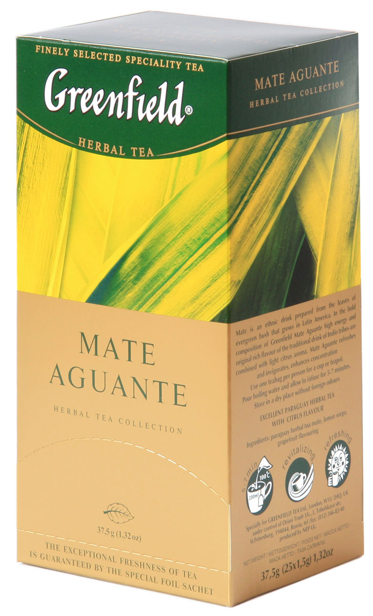 Greenfield Mate Aguante травяной чай в пакетиках, 25 шт0431-10 Greenfield Mate Aguante травяной чай в пакетиках, 25 шт0431-10Этнический напиток Greenfield Mate Aguante из листьев латиноамериканского вечнозеленого кустарника. В смелой композиции Greenfield Mate Aguante высокая энергетика и своеобразный густой вкус традиционного напитка индейцев гуарани сочетаются с легким цитрусовым оттенком. Помогает снять усталость, бодрит, способствует концентрации внимания.