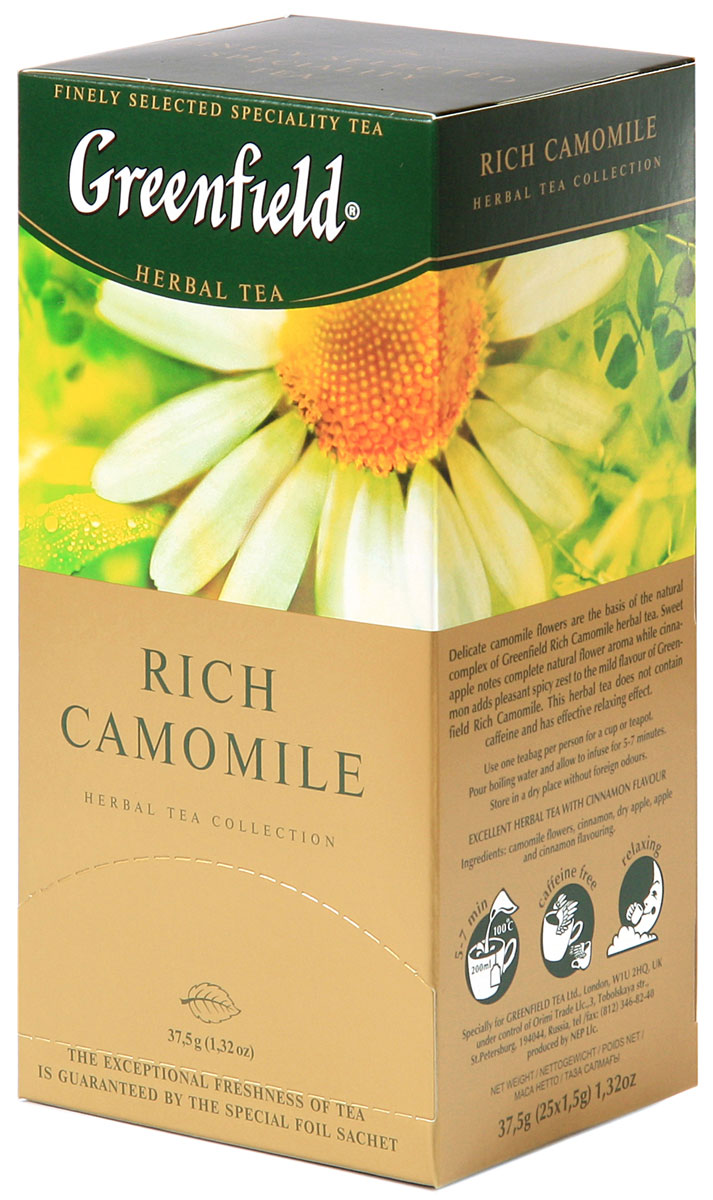 Greenfield Rich Camomile травяной чай в пакетиках, 25 шт0432-10 Greenfield Rich Camomile травяной чай в пакетиках, 25 шт0432-10Основу природного комплекса травяного чая Greenfield Rich Camomileсоставляют нежные цветы ромашки. Сладковатый оттенок сушеных яблок дополняет естественный цветочный вкус, а корица вносит приятную остроту в мягкую гамму Greenfield Rich Camomile . Не содержит кофеина, способствует релаксации.