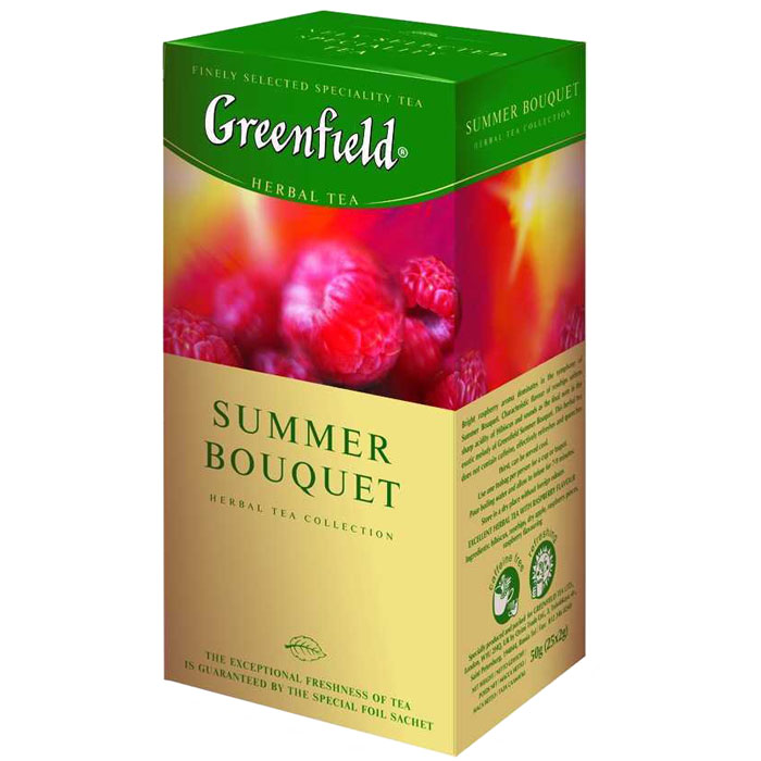Greenfield Summer Bouquet травяной чай в пакетиках, 25 шт0433-10 Greenfield Summer Bouquet травяной чай в пакетиках, 25 шт0433-10Яркий аромат спелой малины выступает доминантой композиции фруктового Greenfield Summer Bouguet. Характерный вкус шиповника смягчает острую кислинку гибискуса и вносит завершающую ноту в экзотическое звучание Greenfield Summer Bouguet. Не содержит кофеина, прекрасно освежает и утоляет жажду. Можно употреблять охлажденным.