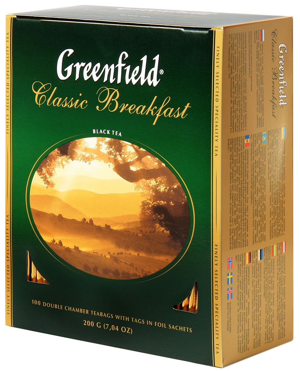 Greenfield Classic Breakfast черный чай в пакетиках, 100 шт0582-09 Greenfield Classic Breakfast черный чай в пакетиках, 100 шт0582-09Ценные сорта чая с лучших плантаций северной Индии легли в основу Greenfield Classic Breakfast. Терпкий сочный вкус, нежный аромат и сильный тонизирующий эффект делают Greenfield Classic Breakfast идеальным для утреннего чаепития.