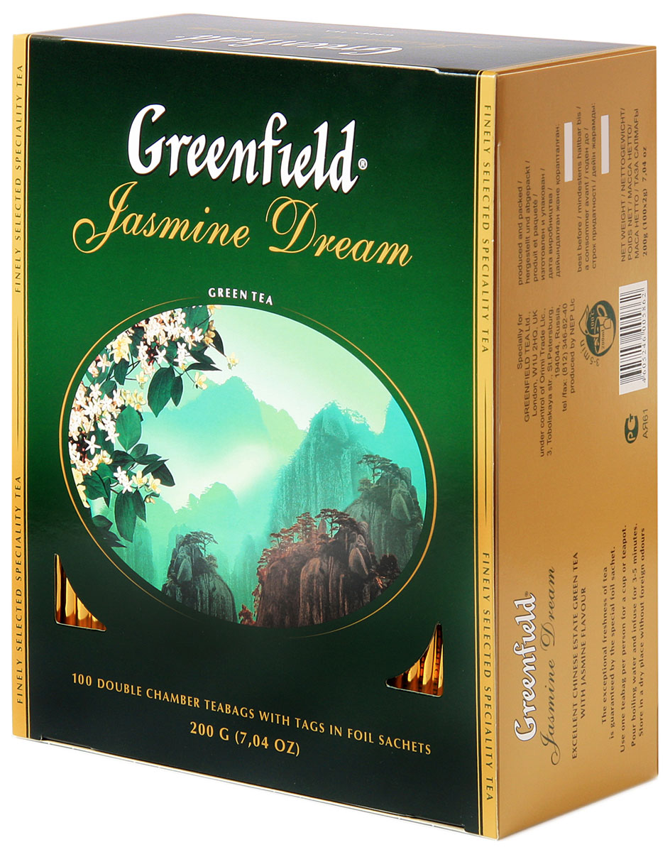 Greenfield Jasmine Dream зеленый ароматизированный чай в пакетиках, 100 шт0586-09 Greenfield Jasmine Dream зеленый ароматизированный чай в пакетиках, 100 шт0586-09Жасминовый чай ценится за особенный бодрящий эффект. Воздушный аромат жасмина подчеркивает чистый, освежающий вкус благородного зеленого чая из провинции Юньнань.Вместе с Greenfield Jasmine Dream приходит весеннее настроение!