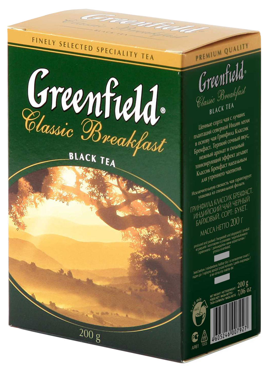 Greenfield Classic Breakfast черный листовой чай, 200 г0792-14 Greenfield Classic Breakfast черный листовой чай, 200 г0792-14Ценные сорта чая с лучших плантаций северной Индии легли в основу Greenfield Classic Breakfast. Терпкий сочный вкус, нежный аромат и сильный тонизирующий эффект делают Greenfield Classic Breakfast идеальным для утреннего чаепития.