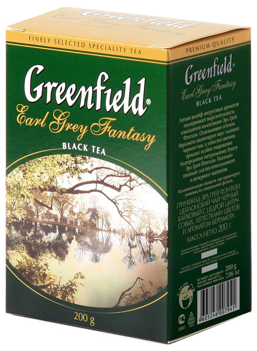 Greenfield Earl Grey Fantasy черный листовой чай, 200 г0794-14 Greenfield Earl Grey Fantasy черный листовой чай, 200 г0794-14Легкий шлейф цитрусовых ароматов придает особую выразительность изящной композиции Greenfield Earl Grey Fantasy. Освежающий оттенок бергамота акцентирует вкус элитного черного чая в изысканном букете Greenfield Earl Grey Fantasy. Он идеально подходит для послеполуденного и вечернего чаепития.