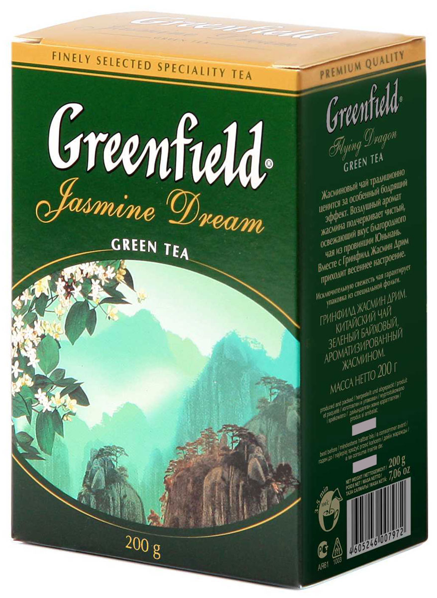 Greenfield Jasmine Dream зеленый ароматизированный листовой чай, 200 г0797-14 Greenfield Jasmine Dream зеленый ароматизированный листовой чай, 200 г0797-14Жасминовый чай ценится за особенный бодрящий эффект. Воздушный аромат жасмина подчеркивает чистый, освежающий вкус благородного зеленого чая из провинции Юньнань.Вместе с Greenfield Jasmine Dream приходит весеннее настроение!