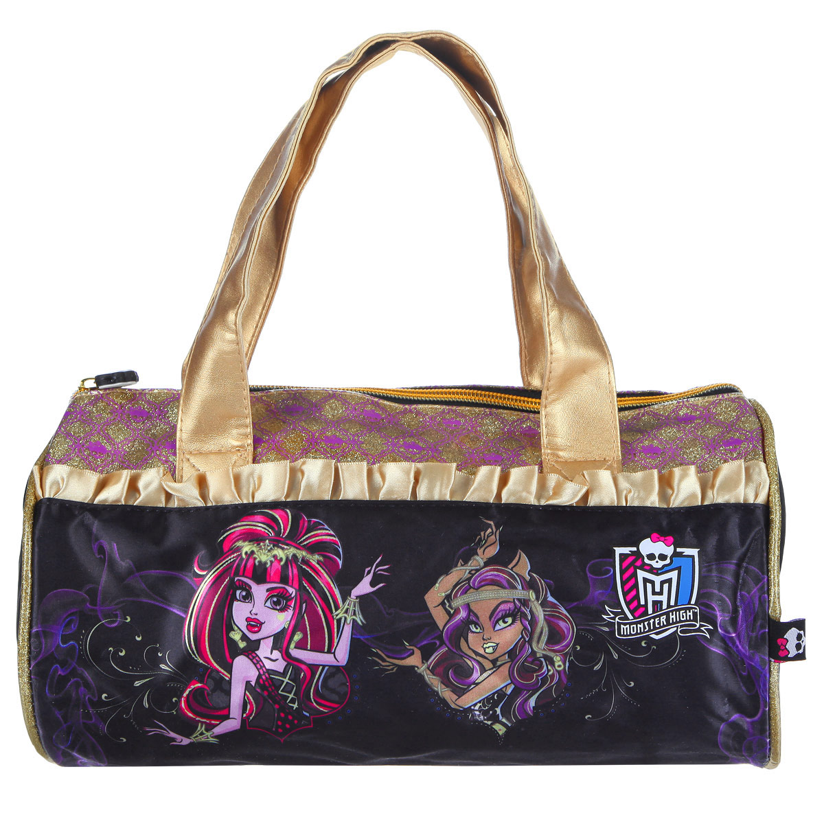 Сумочка детская Monster High. 8531485314 Сумочка детская Monster High. 8531485314Стильная детская сумочка Monster High, оформленная изображением героинь известного мультсериала Школа Монстров, несомненно, понравится вашей малышке.Сумочка имеет одно отделение, закрывающееся на застежку-молнию, куда можно положить все необходимые принадлежности и аксессуары, и две небольшие ручки золотистого цвета, выполненные из искусственной кожи. Внутри сумки расположен накладной карман для мобильного телефона. Сумочка декорирована атласными золотыми рюшами, а также вставкой из ПВХ, украшенной узорами с блестками. Бегунок молнии декорирован резиновым элементом в виде черепа. Высота ручек 18 см.Каждая поклонница Школы Монстров будет в восторге от такого аксессуара!