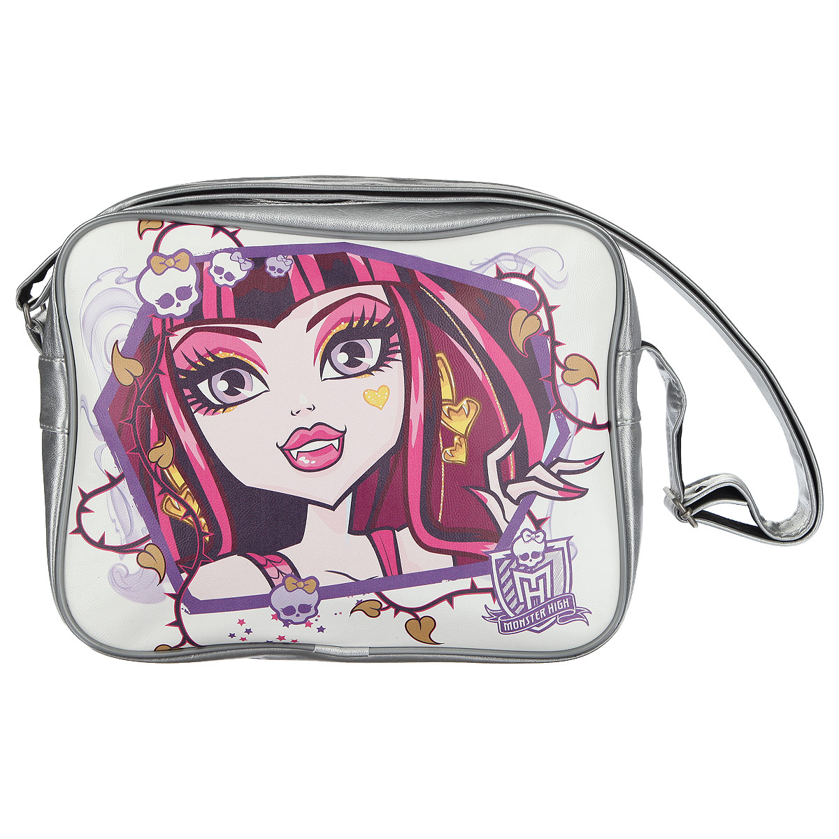 Сумка молодежная Monster High, цвет: серебристый, белый. 8498084980 Сумка молодежная Monster High, цвет: серебристый, белый. 8498084980Молодежная сумка Monster High сочетает в себе современный дизайн, функциональность и долговечность.Она выполнена из искусственной кожи и оформлена изображением одной из героинь популярного мультсериала Школа Монстров.Сумка имеет одно вместительное отделение, разделенное пополам карманом-средником на молнии. Внутри - вшитый карман на молнии. Закрывается сумка на застежку-молнию.С задней стороны сумки находится вшитый карман на молнии.Сумка оснащена плечевым ремнем регулируемой длины, максимальная длина -128 см, минимальная - 52 см.Такая сумка приведет в восторг поклонниц Школы Монстров!
