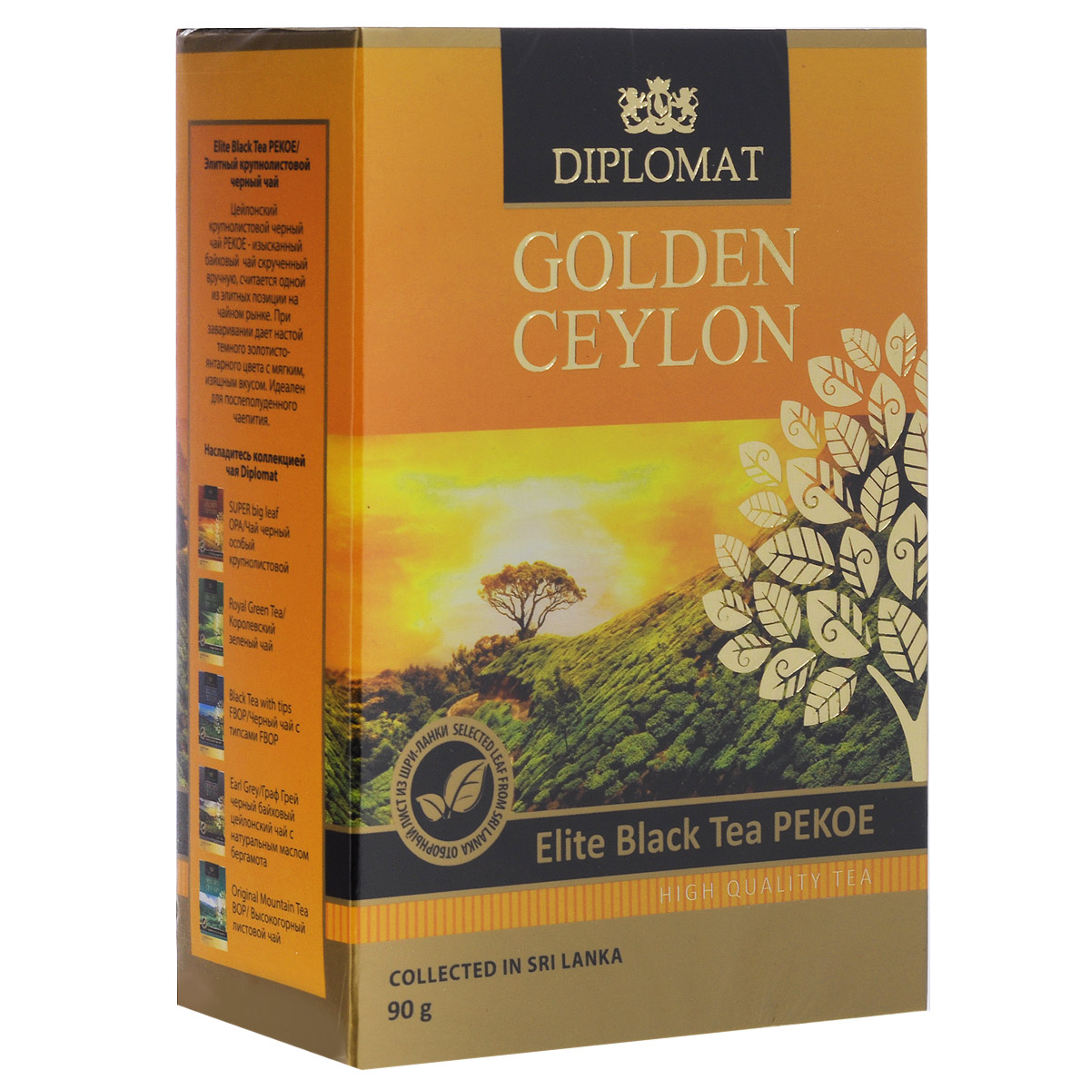 Diplomat Elite Black Tea PEKOE черный крупнолистовой чай, 90 г4623720876876 Diplomat Elite Black Tea PEKOE черный крупнолистовой чай, 90 г4623720876876Diplomat Elite Black Tea PEKOE - изысканный байховый чай скрученный вручную, считается одной из элитных позиции на чайном рынке. При заваривании дает настой темного золотисто-янтарного цвета с мягким, изящным вкусом. Идеален для послеполуденного чаепития.