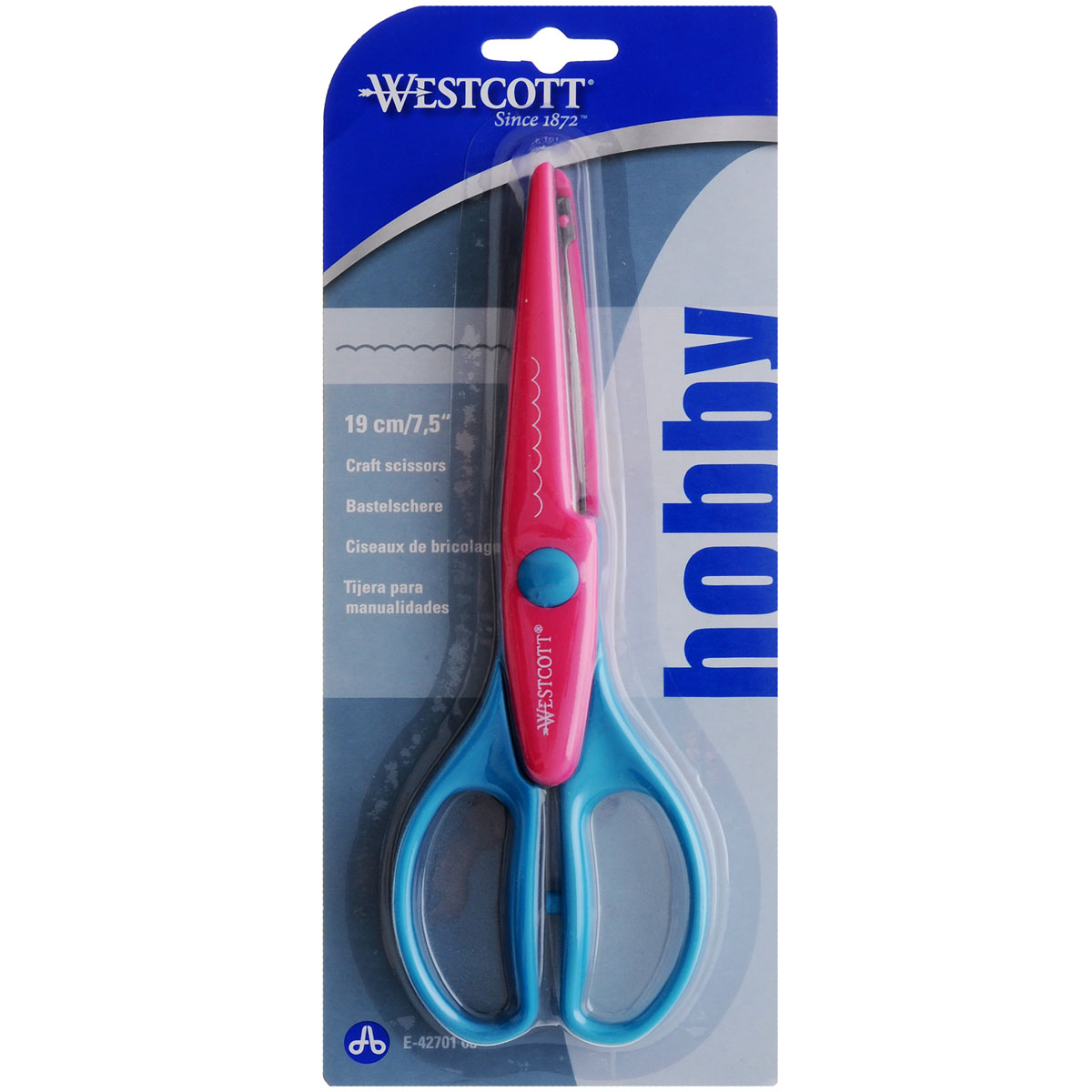 Ножницы фигурные Westcott Гребешок, 19 см, цвет: розовый, голубойE-42701_розовый, голубой Ножницы фигурные Westcott Гребешок, 19 см, цвет: розовый, голубойE-42701_розовый, голубойНожницы фигурные Westcott Гребешок предназначены декоративных работ из бумаги и картона. Они подходят для создания открыток ручной работы, для скрапбукинга, для создания аппликаций и коллажей из бумаги.Красивый декоративный обрез в форме плавных волн с небольшими зубчиками прекрасно подходит для декорирования поздравительных открыток.Ножницы состоят из пластмассовых ручек и металлической режущей части, длиной 80 мм.