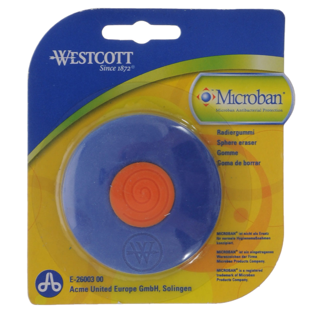 Ластик Westcott, с антибактериальным покрытием, цвет: синийЕ-26003 00 Ластик Westcott, с антибактериальным покрытием, цвет: синийЕ-26003 00Нас окружает огромное количество бактерий, многие из которых не безопасны, поэтому все большее число товаров выпускается со встроенной антибактериальной защитой.Яркий, двухцветный ластик со встроенной антибактериальной защитой Microban легко и без следа удаляет надписи, сделанные карандашом. Для более точного удаления имеет заостренные края. Эффективность защиты Microban подтверждена множеством лабораторных исследований по всему миру. Эффективен против широкого спектра грамположительных и грамотрицательных бактерий и грибков, таких как: сальмонелла, золотистый стафилококк и другие, которые вызывают заболевания, сопровождающиеся расстройством кишечника и грибковыми заболевания. (Всего около 100 микроорганизмов).Ластик сохраняет свои свойства после мытья и в случае механического повреждения изделия. Антибактериальные свойства не исчезают со временем и не снижают свою эффективность. Microban абсолютно безвреден для людей и животных, не вызывает аллергии.
