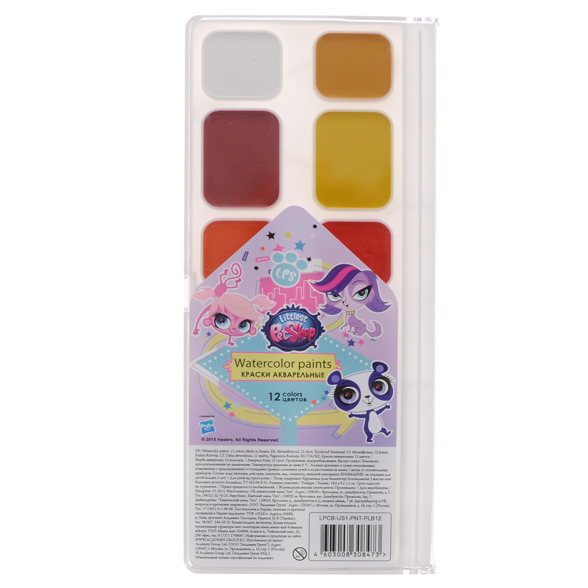 Краски акварельные медовые Littlest Pet Shop, 12 цветовLPCB-US1-PNT-PLB12 Краски акварельные медовые Littlest Pet Shop, 12 цветовLPCB-US1-PNT-PLB12Медовые акварельные краски Littlest Pet Shop идеально подойдут для детского художественного творчества, изобразительных и оформительских работ. Краски легко размываются, создавая прозрачный цветной слой, легко смешиваются между собой, не крошатся и не смазываются, быстро сохнут.В набор входят краски 12 ярких насыщенных цветов и оттенков. В процессе рисования у детей развивается наглядно-образное мышление, воображение, мелкая моторика рук, творческие и художественные способности, вырабатывается усидчивость и аккуратность.