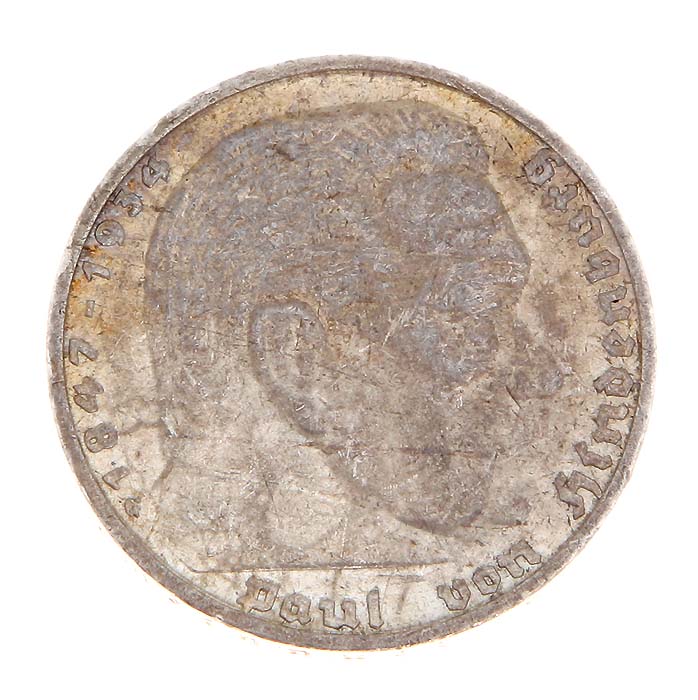 Монета 5 рейхсмарок (Гинденбург). Белый металл. Германия (Третий рейх), 1938 год