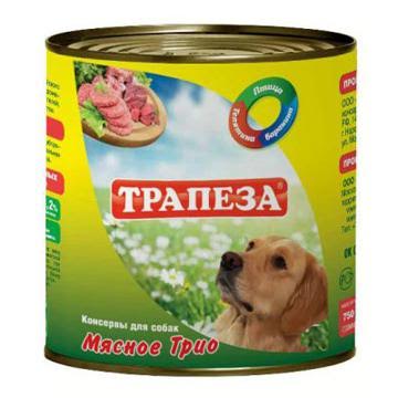 Консервы_для_собак_Трапеза_~Мясное_трио~,_750_г Консервы_для_собак_Трапеза_~Мясное_трио~_изготовлены_из_натурального_российского_мясного_сырья._Не_содержат_сои,_ароматизаторов,_искусственных_красителей,_ГМО._Состав:_баранина,_говядина,_мясо_птицы,_субпродукты,_растительное_масло,_натуральная_желеобразующая_добавка,_соль,_вода._Пищевая_ценность_(100_г):_протеин_10%25,_жир_5%25,_углеводы_4%25,_клетчатка_0,2%25,_зола_2%25,_влага_75%25._Энергетическая_ценность_(на_100_г):_101_кКал._Товар_сертифицирован.