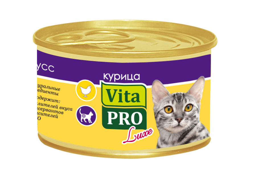Консервы Vita Pro Luxe для стерилизованных кошек от 1 года, с курицей, мусс, 85 г59944 Консервы Vita Pro Luxe для стерилизованных кошек от 1 года, с курицей, мусс, 85 г59944Консервы Gemon Cat Sterilised, для стерилизованных кошек.Важно, чтобы животное всегда имело доступ к чистой, свежей воде. Взрослой кошке необходимо 250 г продукта в день, суточную норму разделить на 2-3 приема пищи.Подавать корм комнатной температуры или подогретый. Состав: сырой белок 8,0%, сырые масла и жиры 6,0%, сырая клетчатка 0,5%, сырая зола 2,0%, магний 0,05%, влажность 80%. Витамины и добавки/кг: витамин А 2000 МЕ, витамин D3 200 МЕ, витамин Е (альфа-токоферол ацетат) 5 мг, таурин 500 мг. Мясо и мясные субпродукты 45% (кролика 5%), злаки, яйца, минеральные вещества. Технологические добавки: загустители и желеобразующие компоненты. Товар сертифицирован.