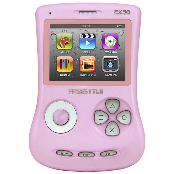 Игровая консоль EXEQ FreeStyle 2,7 (розовая)MP-1002_розовый Игровая консоль EXEQ FreeStyle 2,7 (розовая)MP-1002_розовыйExeq Freestyle - это игровая приставка с богатыми мультимедийными возможностями, позволяющая играть в игры таких форматов, как NES (Dendy), SMD (Mega Drive) и GBA (GameBoy Advance), просматривать фильмы, слушать музыку, радио, читать книги. Оригинальная и стильная форма корпуса, воплощенная в качественном глянцевом пластике, яркий цветной экран, встроенная камера, AV-выход и многие другие приятные особенности приставки не оставят равнодушным к ней ни детей, ни взрослых.Неповторимый дизайн и яркие цвета.Exeq Freestyle - портативная игровая консоль с уникальным дизайном корпуса. В отличие от большинства современных портативных консолей Exeq Freestyle имеет вертикальное расположение - дисплей консоли расположен в верхней части корпуса, а все элементы управления в нижней - под экраном. Удачно дополняет дизайн приставки плавная обтекаемая форма, закругленные кнопки, и глянцевая поверхность. Также на выбор предлагается 8 вариантов цветового исполнения корпуса: белый, черный, синий, красный, желтый, розовый, фиолетовый, зеленый. Яркие цвета приставок удачно дополняет перламутровый эффект.Игровая составляющая.Exeq Freestyle поддерживает игры от Dendy, Sega, Super Nintendo и Game Boy Advance. Консоль отлично воспроизводит двухмерные игры различных жанров, а также трехмерные с улучшенной графикой. В качестве бонуса на приставке уже установлено 700 самых популярных игр каждой из поддерживаемых платформ. Однако при желании Exeq Freestyle легко можно подключить к компьютеру и пополнить коллекцию новыми играми. Для хранения игр приставка имеет 4 Gb встроенной памяти, а также поддерживает карты формата Micro SD.Просмотр видео.Exeq Freestyle оснащен ярким и контрастным дисплеем с диагональю в 2,7 дюйма (68 мм), этого вполне достаточно для просмотра видео, особенно если вы хотите скоротать время в дороге или на отдыхе: компактные размеры консоли позволят удобно разместить ее на ладони во время просмотра. Exeq Freestyle способен воспроизводить видео многих форматов - RRM, RMVB, AVI, FLV, 3GP, MP4, ASF, WAV, DAT, MPG. При просмотре громкость видео можно регулировать нажатием аналогового джойстика вверх/вниз, перемотку видеофайла можно осуществить при помощи длительного удержания джойстика влево/вправо.Аудиоплеер.Игровую консоль Exeq Freestyle легко можно превратить в яркий и стильный плеер. Приставка поддерживает самые популярные музыкальные форматы (MP3, WMA, WMA, AAC, FLAC, APE), а встроенного литий-полимерного аккумулятора емкостью 900 мАч хватит на приятное прослушивание музыки не менее 6 часов подряд. Также в комплекте с консолью идут стильные фирменные наушники, а аудиоплеер консоли имеет самые необходимые настройки - режим воспроизведения (случайный, повтор) и стиль воспроизведения (5 вариантов звучания музыки). Надоело слушать записанные мелодии - включите функцию Радио с памятью на 20 каналов.Фото/видео камера и прочие возможности консоли.Компактная консоль Exeq Freestyle порадует своих обладателей массой дополнительных функций. Так, консоль оснащена камерой, при помощи которой можно делать фотоснимки и снимать видео со звуком небольшого разрешения. Отснятые фотографии или загруженные картинки можно просматривать в режиме слайд-шоу, а также при фоновом включении аудиоплеера. При желании приставка может использоваться и как электронная книга - устройство поддерживает тексты формата TXT. Среди прочих возможностей консоли следует выделить наличие будильника и диктофона.Подключения.Exeq Freestyle оснащен AV-выходом, а в комплекте с консолью идет AV-кабель. Любое изображение, видео или игру можно вывести на экран телевизора и наслаждаться большеформатным воспроизведением. Для записи новых игр, музыкальных и видео файлов консоль подключается к компьютеру посредством USB-кабеля, который также идет в комплекте.Дисплей: 2,7 LCD с разрешением 320х240 точекВстроенная память: 4 ГбВремя работы без подзарядки: около 6 часовРазъемы: AV-выход (видео + аудио), PAL/NTSC, выход для наушников, USBКарты памяти: MicroSD, объёмом до 16 ГбЗарядка: через сетевой адаптер или от ПК через USBАудио: MP3, WMA, WMA, AAC, FLAC, APE и другие музыкальные форматыВидео: RRM, RMVB, AVI, FLV, 3GP, MP4, ASF, WAV, DAT, MPG и другие видео форматыИзображения: JPEG, BMP, GIF, PNG полноэкранный просмотр, слайд-шоуЭлектронная книга: ТХТИгры: 8, 16, 32 bit, NES, SMD, GBA, GBC, GB, SMC, BINКамера: фото/видео-камера, 0.3 МпиксПриложения: предустановленные игры, календарь, часы, калькулятор, секундомер