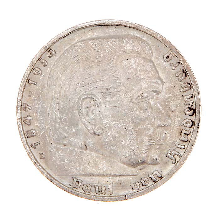 Монета 5 рейхсмарок (Гинденбург). Белый металл. Германия (Третий рейх), 1935 год