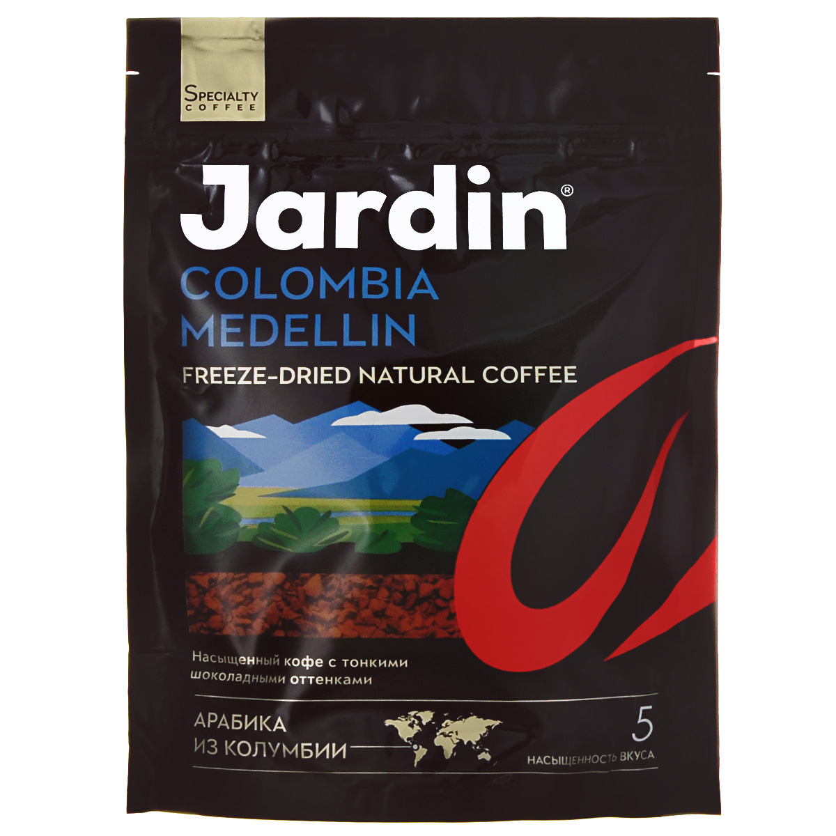Jardin Colombia Medellin кофе растворимый, 280 г (м/у)0916-08 Jardin Colombia Medellin кофе растворимый, 280 г (м/у)0916-08Растворимый кофе Jardin Colombia Medellin обладает крепким, насыщенным, интенсивным ароматом. Вкус арабики из колумбийского региона Меделлин особо ценится за сочетание цветочных и шоколадных нот.А всего одна ложка сахара добавит вкусу новые карамельные ноты крем-брюле.