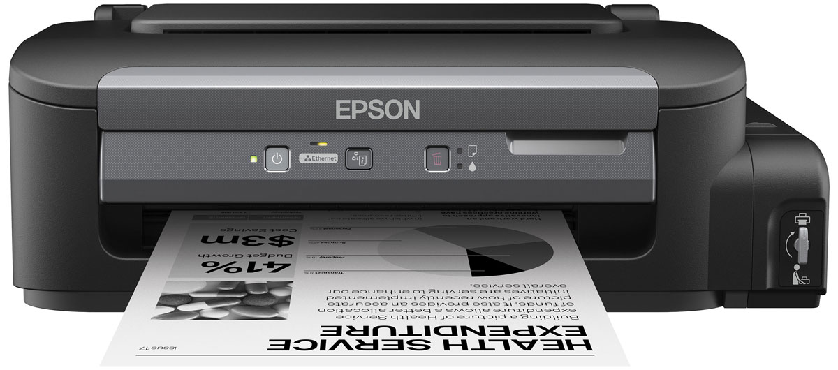 Epson M100 монохромный принтерC11CC84311 Epson M100 монохромный принтерC11CC84311Монохромный струйный принтер с рекордно низкой себестоимостью печати и пигментными черниламиМонохромная Фабрика печати Epson М100 - это компактный и удобный в использовании струйный принтер с большими емкостями для чернил объемом 140 мл. Благодаря своей уникальной конструкции Фабрика печати Epson M100 позволяет печатать документы с рекордно низкой себестоимость, а за счет использования пигментных чернил отпечатки мгновенно высыхают и не размазываться при попадании воды или механическом воздействии.Рекордно низкая себестоимость печатиБлагодаря большим емкостям и контейнерам с чернилами по 140 мл вы сможете напечатать большой объем документов по рекордно низкой цене: всего 15 копеек за документ формата А4Два контейнера с чернилами по 140 мл в комплекте.В комплекте с устройством идет два контейнера с чернилами пигментными чернилами емкостью по 140 мл. каждый. Благодаря этому приобретая новое устройство, вы можете распечатать до 11 000 отпечатков уже со стартового комплекта чернил, что, несомненно, позволит вам сэкономить, и существенно снизит стоимость владения устройством.Высокий ресурс расходных материаловРасходными материалами к Монохромной Фабрике печати служат контейнеры с чернилами высоким ресурсом. Так одного контейнера с черными чернилами хватит печать 6000 ч/б документов А4Высокое качество печати и надежностьБлагодаря уникальной технологии печати Epson Micro Piezo и точному контролю давления в емкостях с чернилами вы всегда получаете отпечатки превосходного качества. Специально разработанные материалы, на основе которых изготовлены компоненты устройства, обеспечивают долгий срок службы принтера и работу без поломок.Высокая скорость печатиДополнительным преимуществом Epson M100 является высокая скорость печати: до 34 стр./мин. Что позволит сэкономить вам время, которое играет все большую роль в современном бизнесе. Используя данное устройство, вы можете быть уверены в том, что все необходимые документы будут распечатаны в максимально короткие сроки.Удобство работы и безопасная транспортировка устройстваОсобая конструкция емкостей и контейнеров с чернилами позволяет даже неопытному пользователю с легкостью справиться с заправкой чернил. Специальная система блокировки чернил в емкостях гарантирует безопасную перевозку устройства, исключая возможность протечки чернил.Новая гарантия на Фабрику печати EpsonПодтверждением высокой надежности Фабрики печати Epson M100 является предоставление гарантии на 12 месяцев или 50 000 отпечатков.Возможность подключения нескольких ПК по сети EthernetДополнительное удобство использования Epson M100 в условиях малого офиса заключается в возможности подсоединения нескольких компьютеров по сети Ethernet. Таким образом, любой из ваших сотрудников сможет отправлять задания на печать со своего рабочего места.Отличное качество печати документовПри печати устройство использует уникальные пигментные чернила Epson, которые обеспечивают:•Четкий текст и графику на обычной бумаге;•Отпечатки мгновенно высыхают;•Не смазываются при выделении маркером;•Не растекаются при попадании воды;Компактные размерыЕще более компактные размеры и стильный дизайн позволяют разместить устройство в любом рабочем пространстве и помогает сэкономить место на рабочем столе.