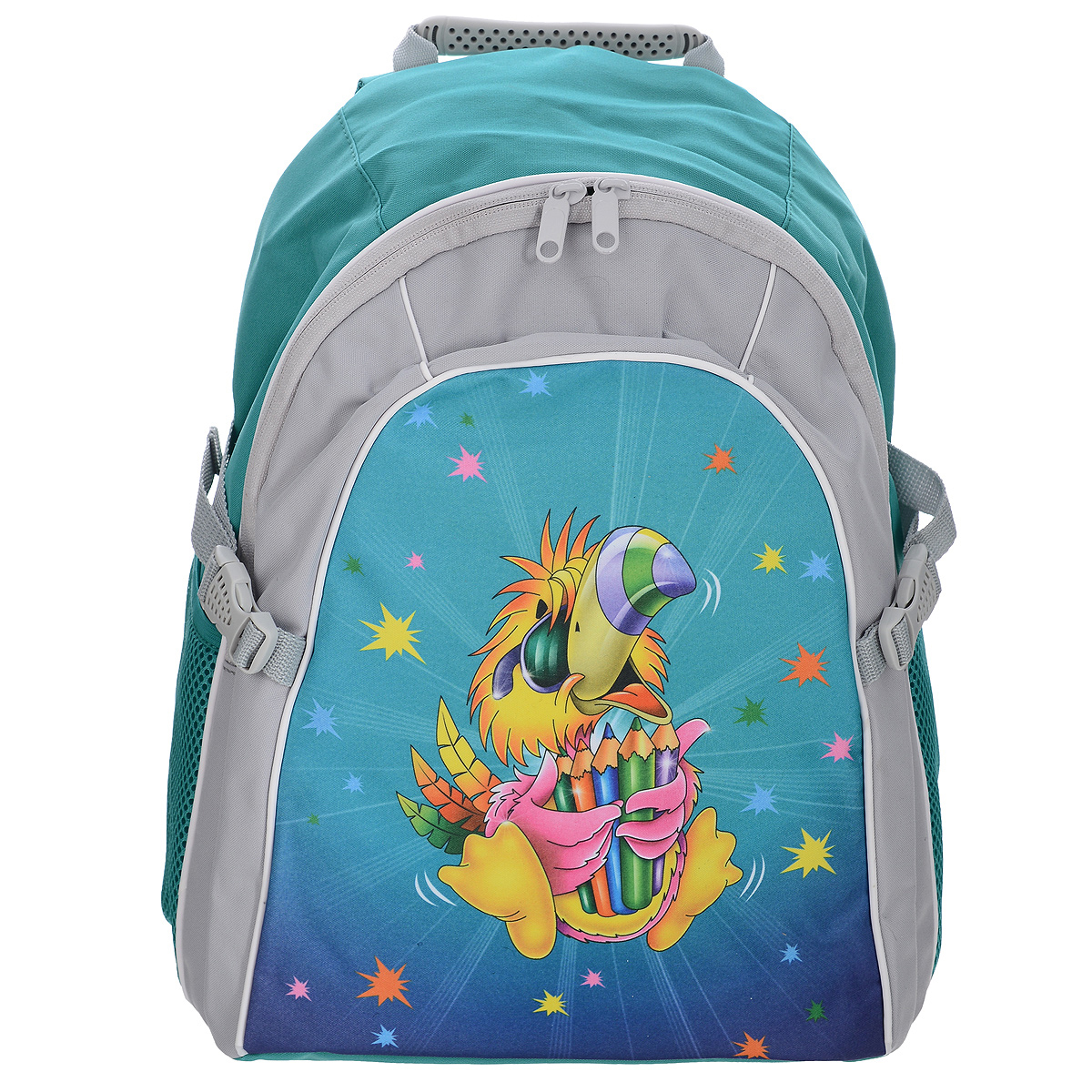 Рюкзак школьный Tiger Family Joyful Birdie, цвет: бирюзовый, серый2919/TG_бирюза/попугай Рюкзак школьный Tiger Family Joyful Birdie, цвет: бирюзовый, серый2919/TG_бирюза/попугайРюкзак школьный Tiger Family Joyful Birdie обязательно подойдет и понравится вашему школьнику!Рюкзак выполнен из водонепроницаемого, морозоустойчивого, устойчивого к солнечному излучению материала. Изделие оформлено изображением в виде забавного попугая.Содержит одно вместительное отделение, закрывающееся на пластиковый замок-молнию с двумя бегунками. Внутри отделения имеются две перегородки для тетрадей и учебников. Рюкзак оснащен двумя боковыми сетчатыми карманами на резинке. Конструкция спинки дополнена эргономичными подушечками, противоскользящей сеточкой и системой вентиляции для предотвращения запотевания спины ребенка. Широкие мягкие плечевые ремни оснащены удобными крючками для фиксации регулировочной ленты. S-образная форма лямок обеспечивает более плотную фиксацию рюкзака, предотвращая перенапряжение мышц спины. Рюкзак оснащен ручкой с резиновой насадкой для удобной переноски, а также ограничителями объема.Такой школьный рюкзак станет незаменимым спутником вашего ребенка в походах за знаниями.