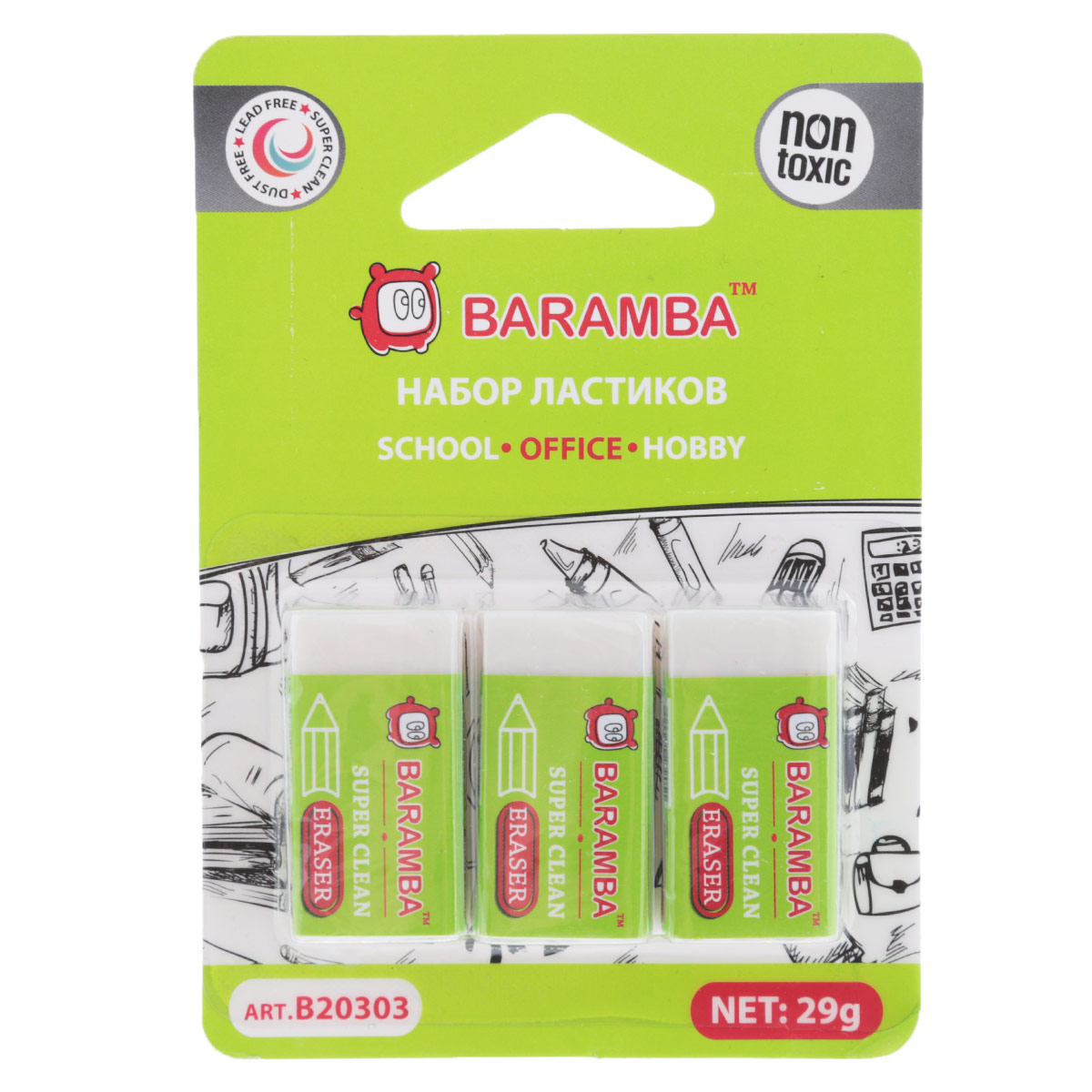 Набор ластиков Baramba Dust Free, с раскраской, 3 штB20303 Набор ластиков Baramba Dust Free, с раскраской, 3 штB20303Ластики Dust Free идеально подходят для применения как в школе, так и в офисе. Обеспечивают высокое качество коррекции, не повреждают поверхность бумаги, даже при сильном трении, не оставляют следов.Каждый ластик имеет бумажную рубашку и индивидуальный полиэтиленовый конвертик. Абсолютно безопасны, не токсичны и экологичны. Рекомендовано для детей старше 3-х лет.