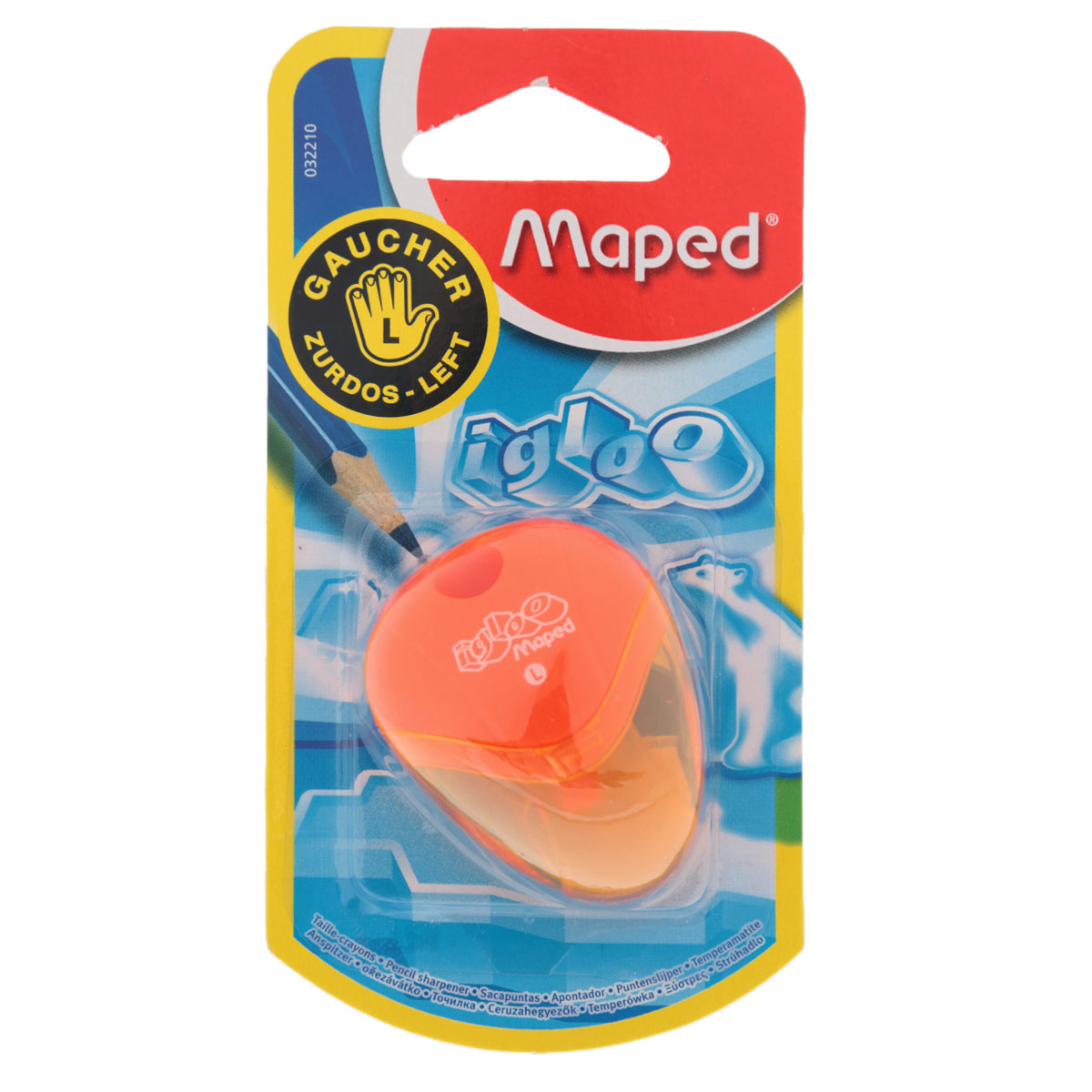 Точилка Maped Igloo, для левшей, цвет: оранжевый32210_оранжевый Точилка Maped Igloo, для левшей, цвет: оранжевый32210_оранжевыйТочилка Igloo для левшей с одним отверстием выполнена из ударопрочного пластика. Полупрозрачный контейнер для сбора стружки позволяет визуально контролировать уровень заполнения и вовремя производить очистку. Подходит как для школы, так и для офиса.Рекомендовано детям старше трех лет.