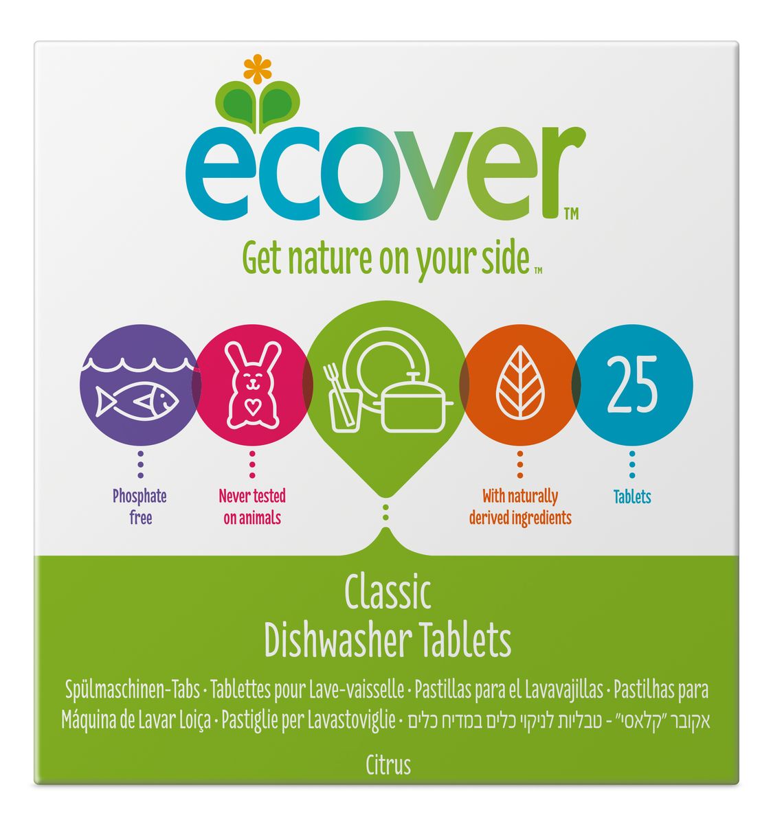 Экологические таблетки для посудомоечной машины Ecover, 25 шт00259 Экологические таблетки для посудомоечной машины Ecover, 25 шт00259Эффективное и экологически чистое средство Ecover для автоматического мытья посуды. Прекрасно удаляет загрязнения и жиры, оставляя посуду чистой и придавая ей блеск, не оставляя после себя никаких следов. Предотвращает образование известковых отложений на посуде и нагревательных элементах посудомоечной машины за счет использования быстроразлагаемых полипептидов. Каждая таблетка имеет индивидуальную упаковку. Не содержит синтетических ароматизаторов и хлора! Содержит энзимы (не ГМО). Обладает легким натуральным ароматом лимона. Подходит для использования в домах с автономной канализацией. Не наносит вреда любым видам септиков! Характеристики:Состав: 15-30% кислородный отбеливатель, цеолиты; Количество таблеток в упаковке: 25 шт. Вес: 500 г. Товар сертифицирован. Уважаемые клиенты!Обращаем ваше внимание на измененный дизайн упаковки. Комплектация осталась безизменений.