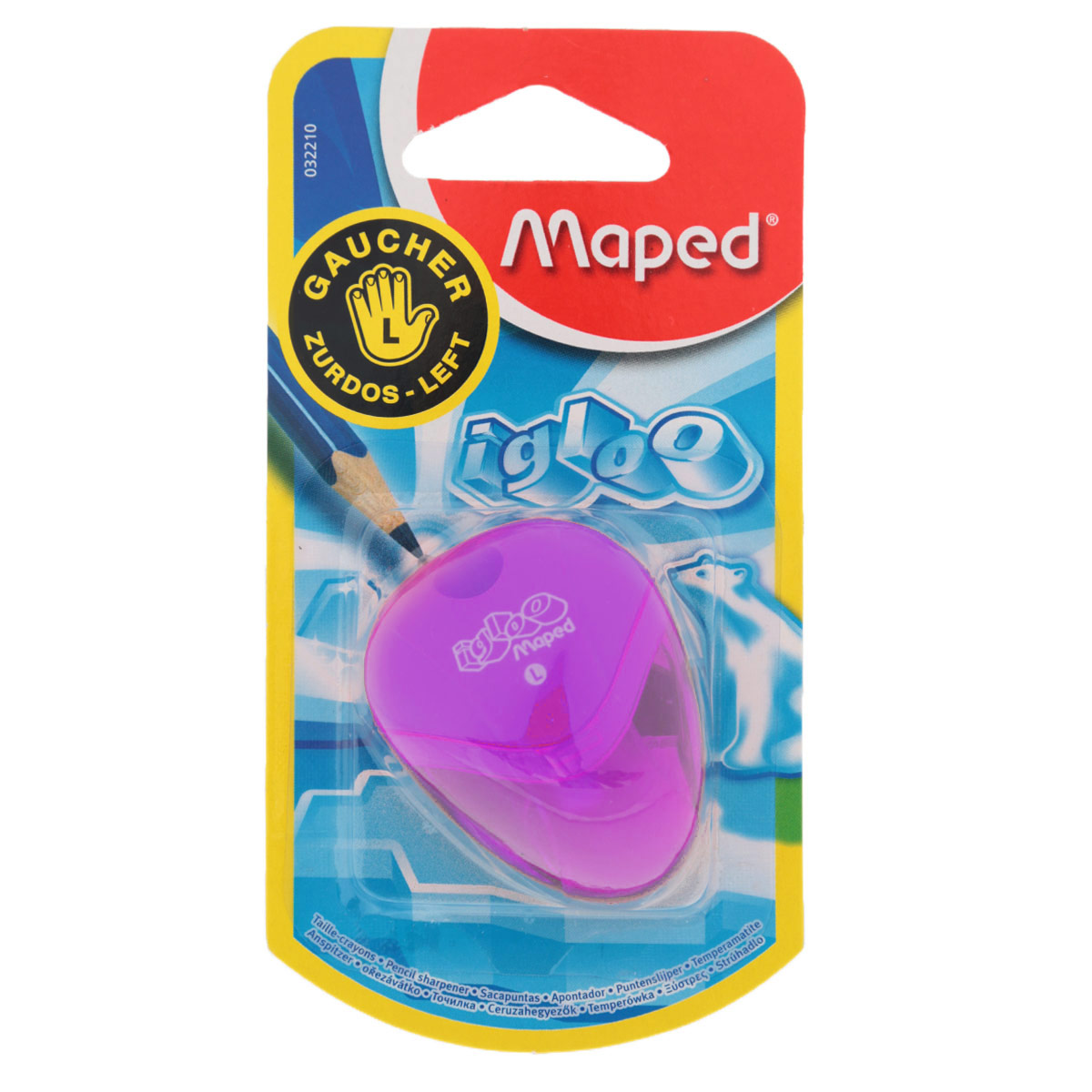 Точилка Maped Igloo, для левшей, цвет: фиолетовый32210_фиолетовый Точилка Maped Igloo, для левшей, цвет: фиолетовый32210_фиолетовыйТочилка Igloo для левшей с одним отверстием выполнена из ударопрочного пластика. Полупрозрачный контейнер для сбора стружки позволяет визуально контролировать уровень заполнения и вовремя производить очистку. Подходит как для школы, так и для офиса.Рекомендовано детям старше трех лет.