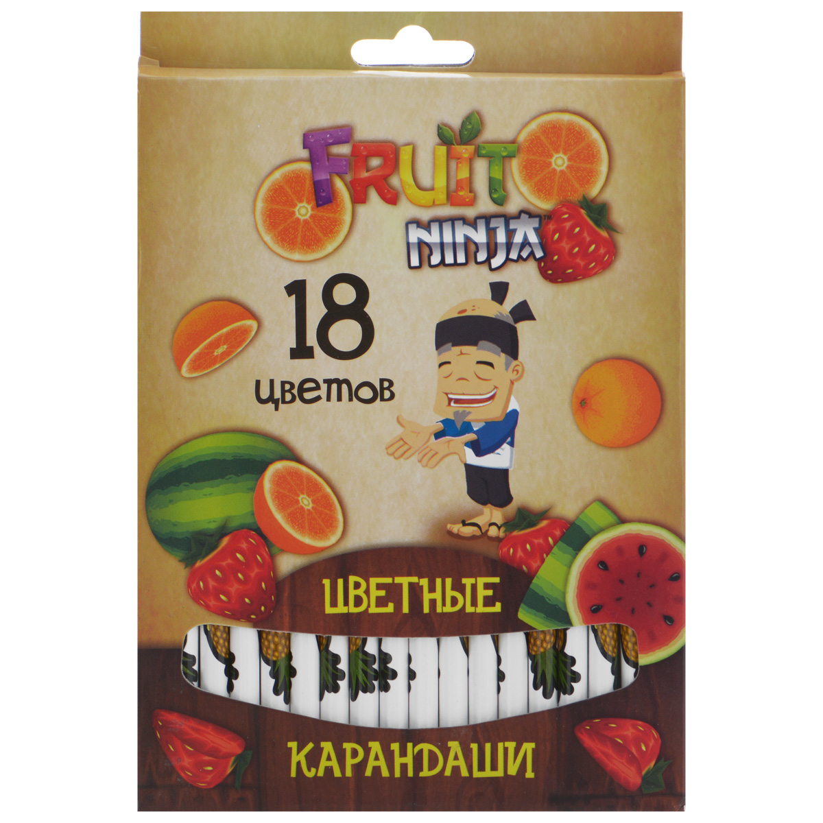 Цветные карандаши Action! Fruit Ninja, 18 цветовC37142_бежевая Цветные карандаши Action! Fruit Ninja, 18 цветовC37142_бежеваяЦветные карандаши Action! Fruit Ninja - идеальный инструмент для самовыражения иразвития маленького художника!Корпус карандашей выполнен извысококачественной древесины и оформлен изображением сочных фруктов и логотипомигры Fruit Ninja. Карандаши обладают яркими насыщенными цветами, а мягкийгрифель позволяет штрихам легко ложиться на бумагу. Они уже заточены, поэтому все,что нужно для рисования, - это взять чистый лист бумаги, и можно начинать! Комплект включает 18 карандашей разных цветов, упакованных в коробку, украшеннуюизображением фруктов и героя игры Fruit Ninja.