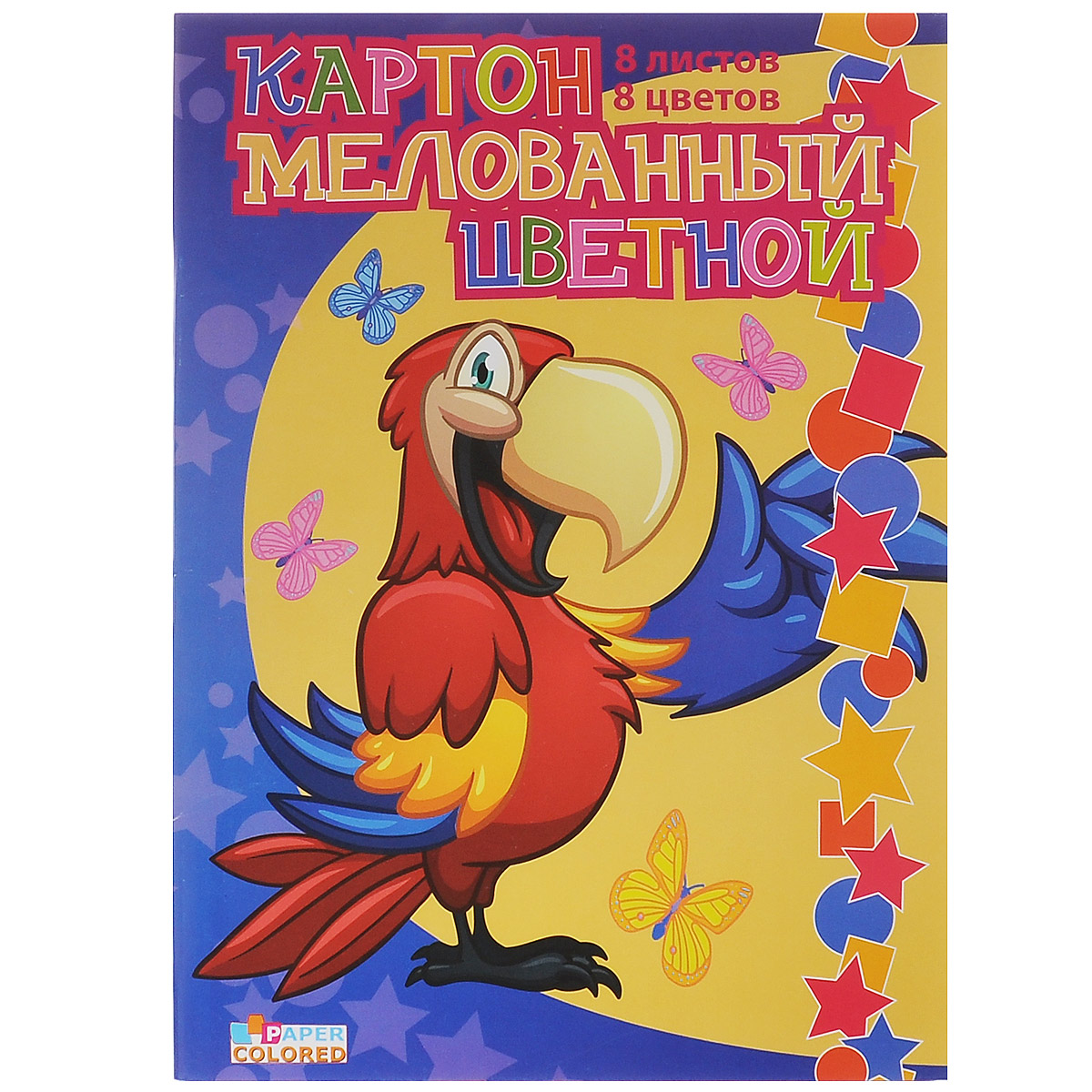 Набор цветного картона Попугай, двусторонний, мелованный, 8 цветов1160-306 Набор цветного картона Попугай, двусторонний, мелованный, 8 цветов1160-306Набор цветного мелованного картона Попугай идеально подойдет для творческих занятий в детском саду, школе и дома.Набор состоит из двусторонних листов картона восьми цветов: черный, коричневый, фиолетовый, синий, зеленый, желтый, оранжевый, малиновый. Картон упакован в яркую папку, оформленную рисунком с изображением попугайчика.Большой выбор ярких, насыщенных цветов расширит возможности для создания аппликаций, объемных поделок и открыток.