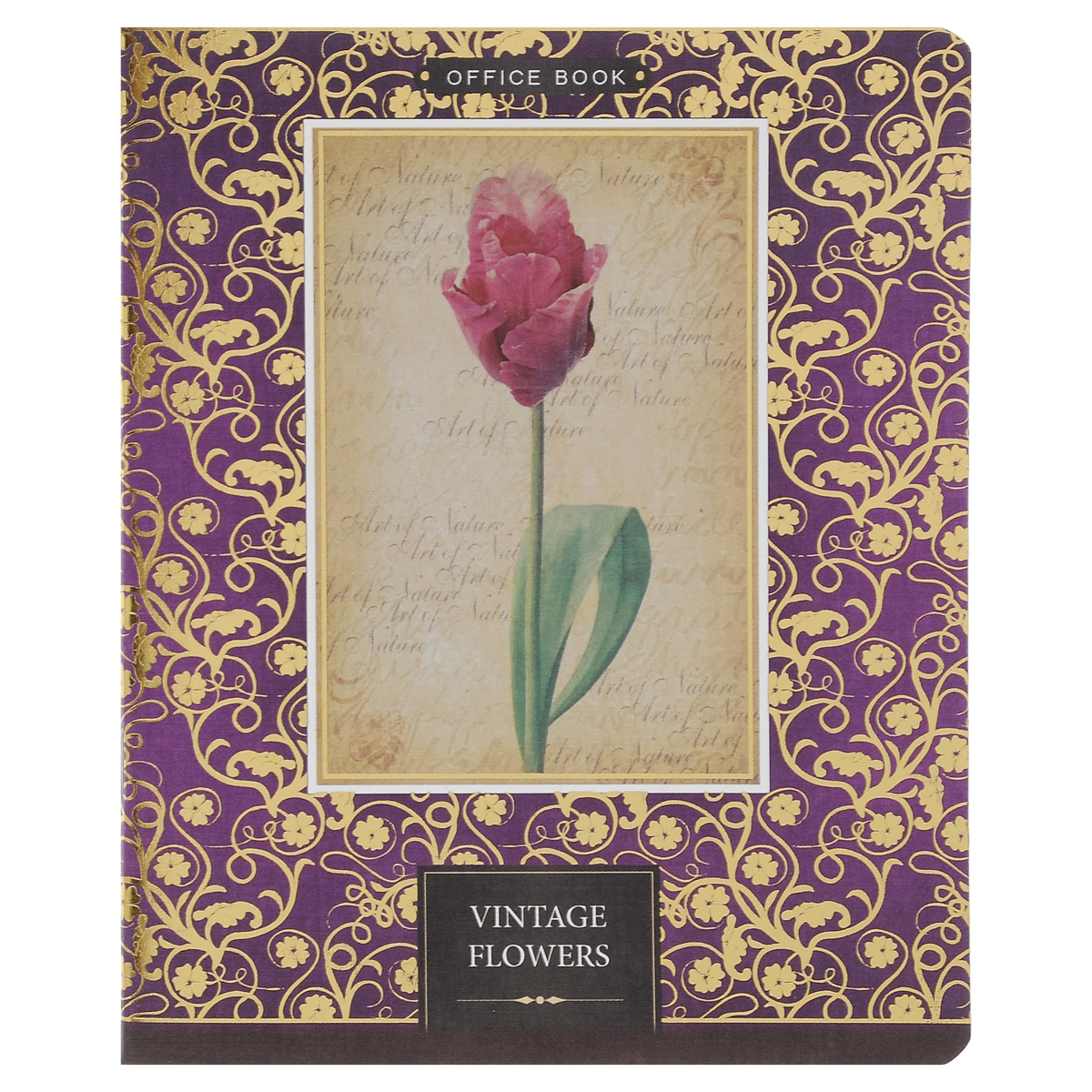 Тетрадь в клетку Vintage Flowers Махровый тюльпан, 60 листов6650/5_Sev Махровый тюльпан Тетрадь в клетку Vintage Flowers Махровый тюльпан, 60 листов6650/5_Sev Махровый тюльпанТетрадь Vintage Flowers Махровый тюльпан отлично подходит для различных работ.Обложка тетради с элементами золотого тиснения выполнена из матового картона с закругленными углами.Внутренний блок тетради соединен металлическими скрепками и состоит из 60 листов высококачественной бумаги повышенной белизны. Стандартная линовка в клетку дополнена полями, совпадающими с лицевой и оборотной стороны листа. Первая страничка содержит поля для заполнения личных данных.
