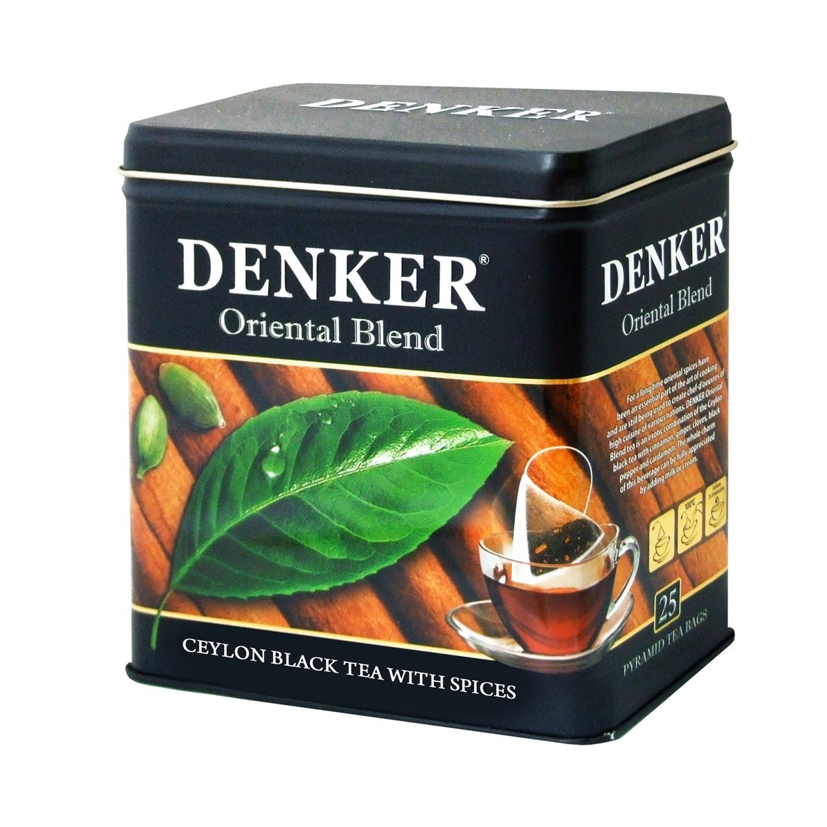 Denker Oriental Blend черный чай в пирамидках, 25 шт1080024 Denker Oriental Blend черный чай в пирамидках, 25 шт1080024Восточные специи уже давно стали неотъемлемой частью кулинарного искусства и используются при создании шедевров самой высокой кухни разных народов мира. Denker Oriental Blend - это экзотический купаж черного цейлонского чая с корицей, имбирем, гвоздикой, черным перцем и кардамоном. Вся прелесть этого напитка раскрывается в полной мере при добавлении молока или сливок.