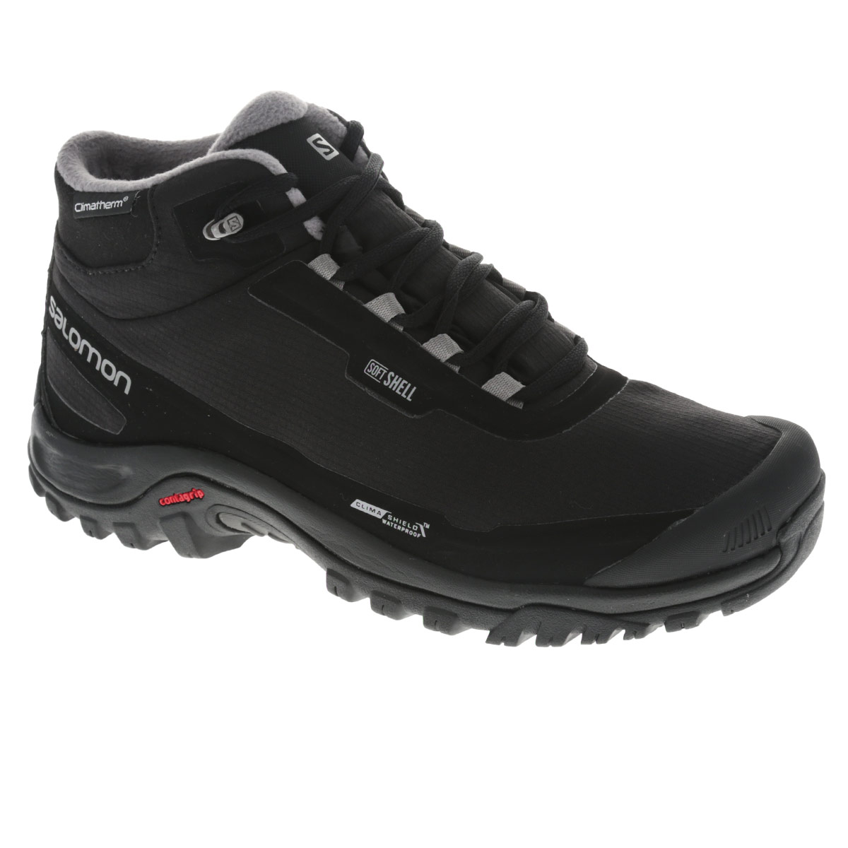 Ботинки мужские Salomon Shelter CS WP, цвет: черный. L37281100. Размер 12,5 (46,5)L37281100 Ботинки мужские Salomon Shelter CS WP, цвет: черный. L37281100. Размер 12,5 (46,5)L37281100Удобные мужские ботинки Shelter CS WP от Salomon прекрасно подойдут для активного отдыха и пеших прогулок. Верх модели выполнен из водо- и ветронепроницаемого материала (Softshell) со вставками из искусственных материалов. Обувь оформлена сбоку названием бренда, на заднике и на язычке - фирменным логотипом. Подкладка выполнена из мягкого дышащего текстильного материала. Защитные накладки на мыске и на заднике надолго сохранят опрятный вид и позволят продлить срок службы модели. Технология защиты от грязи Mud Guard.Внутренняя мембрана Climashield Waterproof обеспечивает дополнительную защиту от влаги. Утеплитель Climatherm, распределенный по всей площади ботинка, рассчитан на температуру до -18 °C.Эргономичная стелька Ortholite с прослойкой ЭВА для амортизации и комфорта. Промежуточная подошва EVA обеспечивает дополнительную амортизацию. Резиновая подошва Contagrip со специальным рисунком протектора разработана для ходьбы по пересеченной местности и обеспечит надежное сцепление на любых поверхностях. В таких ботинках вашим ногам будет комфортно и уютно.