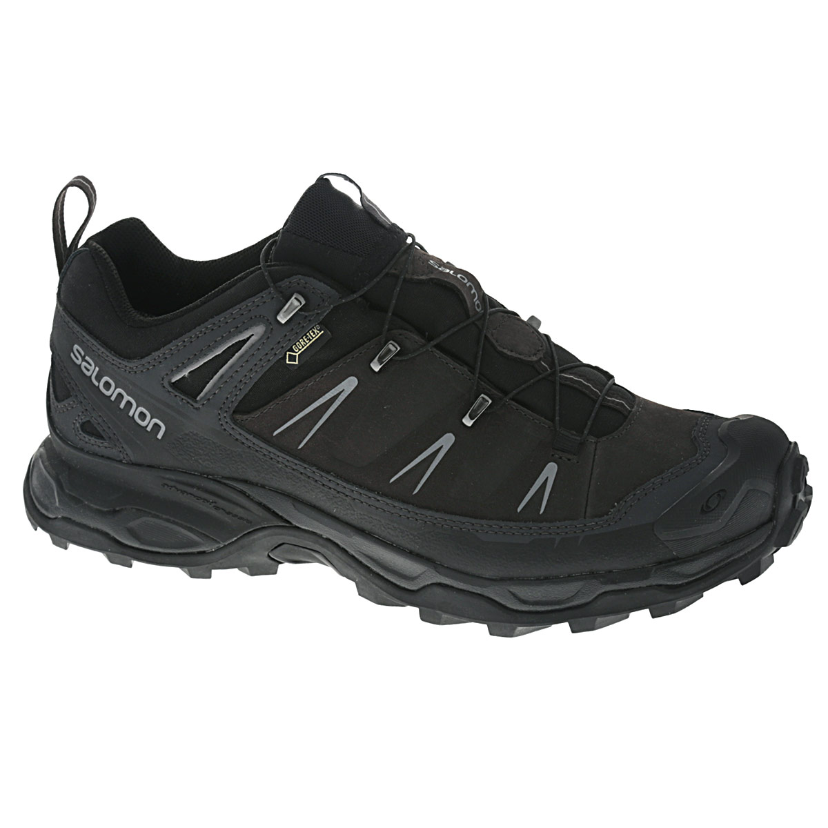 Кроссовки мужские трекинговые Salomon X Ultra LTR GTX, цвет: черный, темно-серый. L36902400. Размер 10 (43)L36902400 Кроссовки мужские трекинговые Salomon X Ultra LTR GTX, цвет: черный, темно-серый. L36902400. Размер 10 (43)L36902400Стильные мужские трекинговые кроссовки X Ultra LTR GTX от Salomon прекрасно подойдут для активного отдыха и пеших прогулок. Верх модели выполнен из нубука со вставками из искусственной кожи и текстиля. Обувь оформлена тиснением в виде названия бренда, на пятке и на язычке - логотипом Salomon. Подкладка выполнена из мягкого дышащего текстильного материала. Защитная накладка на мыске надолго сохранит опрятный вид и позволят продлить срок службы модели. Система быстрой шнуровки Quicklace фиксирует обувь на ноге. Задник дополнен текстильной петлей для легкого обувания. В верхней части язычка расположен сетчатый кармашек для шнурков. Внутренняя мембрана Gore-Tex Performance Comfort обеспечивает дополнительную защиту от влаги. Эргономичная стелька Ortholite с прослойкой ЭВА для амортизации и комфорта. Промежуточная подошва EVA обеспечивает дополнительную амортизацию. Резиновая подошва Contagrip со специальным рисунком протектора разработана для ходьбы по пересеченной местности и обеспечит надежное сцепление на любых поверхностях. Эти ботинки оптимальный вариант для трекинга. В них вашим ногам будет комфортно и уютно.