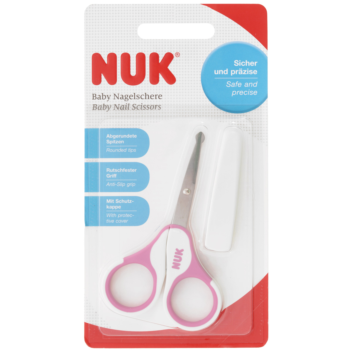 NUK Ножницы детские цвет розовый белый 10 см10256257_розовый NUK Ножницы детские цвет розовый белый 10 см10256257_розовыйДетские ножницы Nuk изготовлены из высококачественной нержавеющей стали. Ручки выполнены из прочного цветного пластика. Легкие и удобные, ножницы безопасны в использовании, кончики режущих кромок закруглены. Предназначены для бережного ухода за ногтями малыша.В наборе - защитный колпачок для хранения.Длина ножниц: 10 см.Длина лезвия: 2,7 см.
